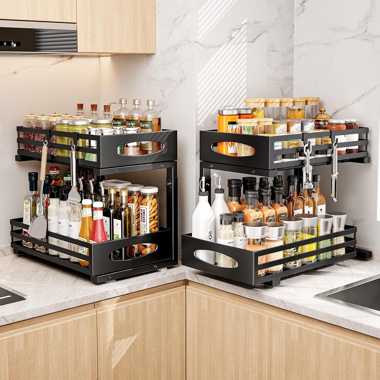 Under Sink Organizer, Pull Out Cabinet Organizers, Slide Sink Steel Shelf Cabinet Storage Shelves, Under Sink Storage for Kitchen Bathroom Cabinet (Black, 2 Pack) - Image 3