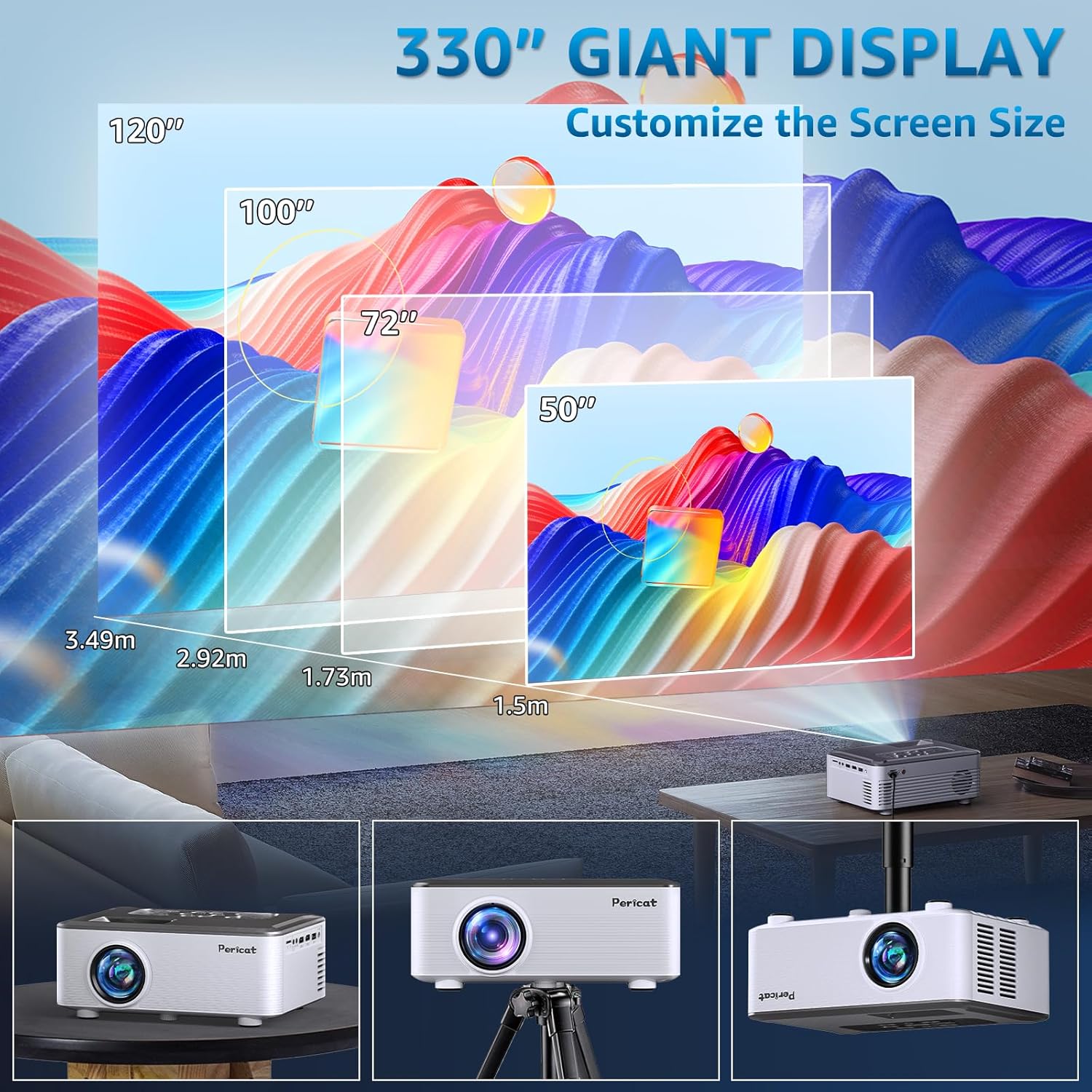 5G WIFI Bluetooth Projector with 100" Screen, 15000L Native 1080P Outdoor Projector, Pericat Home Theater Movie Projector,15W HIFI Speaker Video Projector Compatible with TV Stick/Phone/PC/Xbox - Image 5