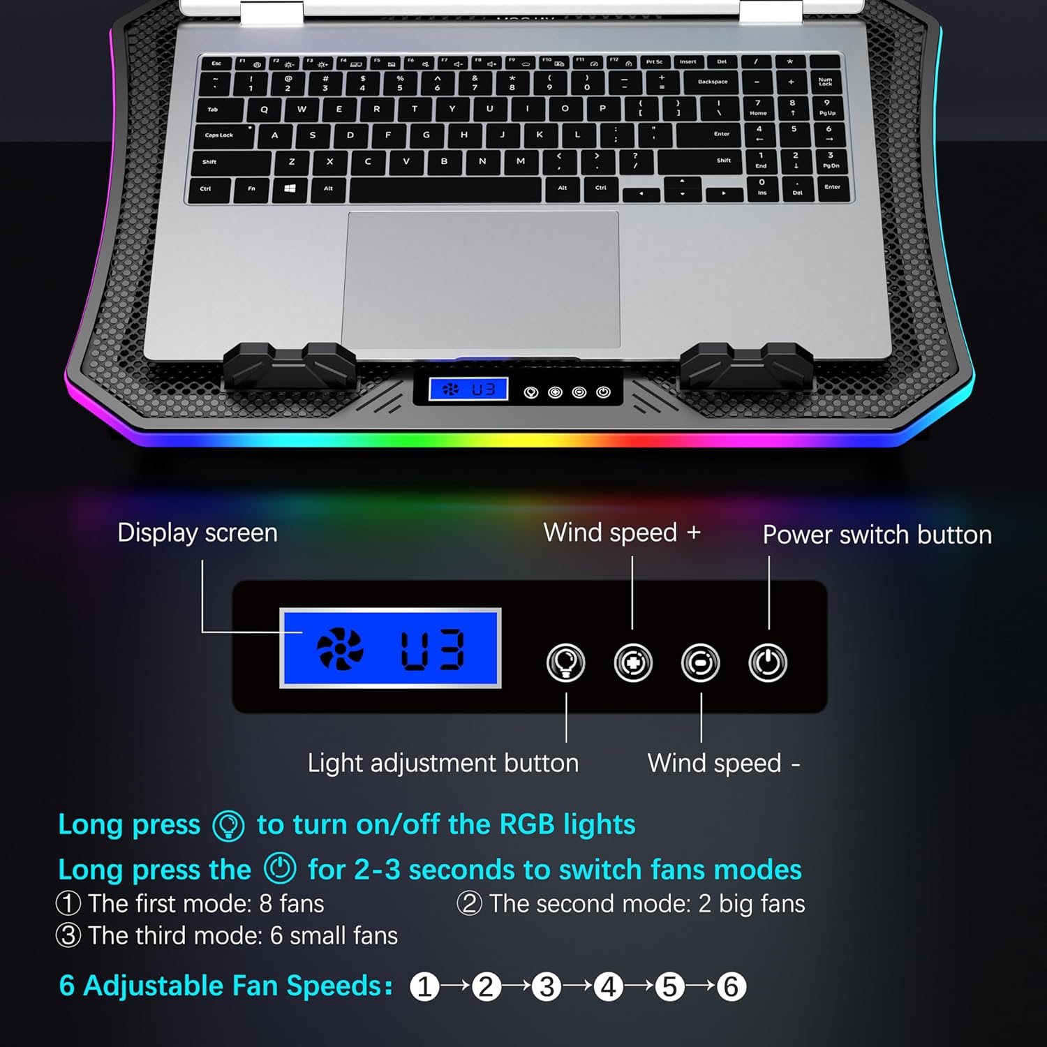 Laptop Cooling Pad RGB Gaming Notebook Cooler for Desk and Lap Use, MOOJAY Laptop Fan Stand 8 Adjustable Heights with 8 Quiet Fans and Phone Holder, for 15.6-17.3 Inch Laptops - Blue LED Light - Image 6