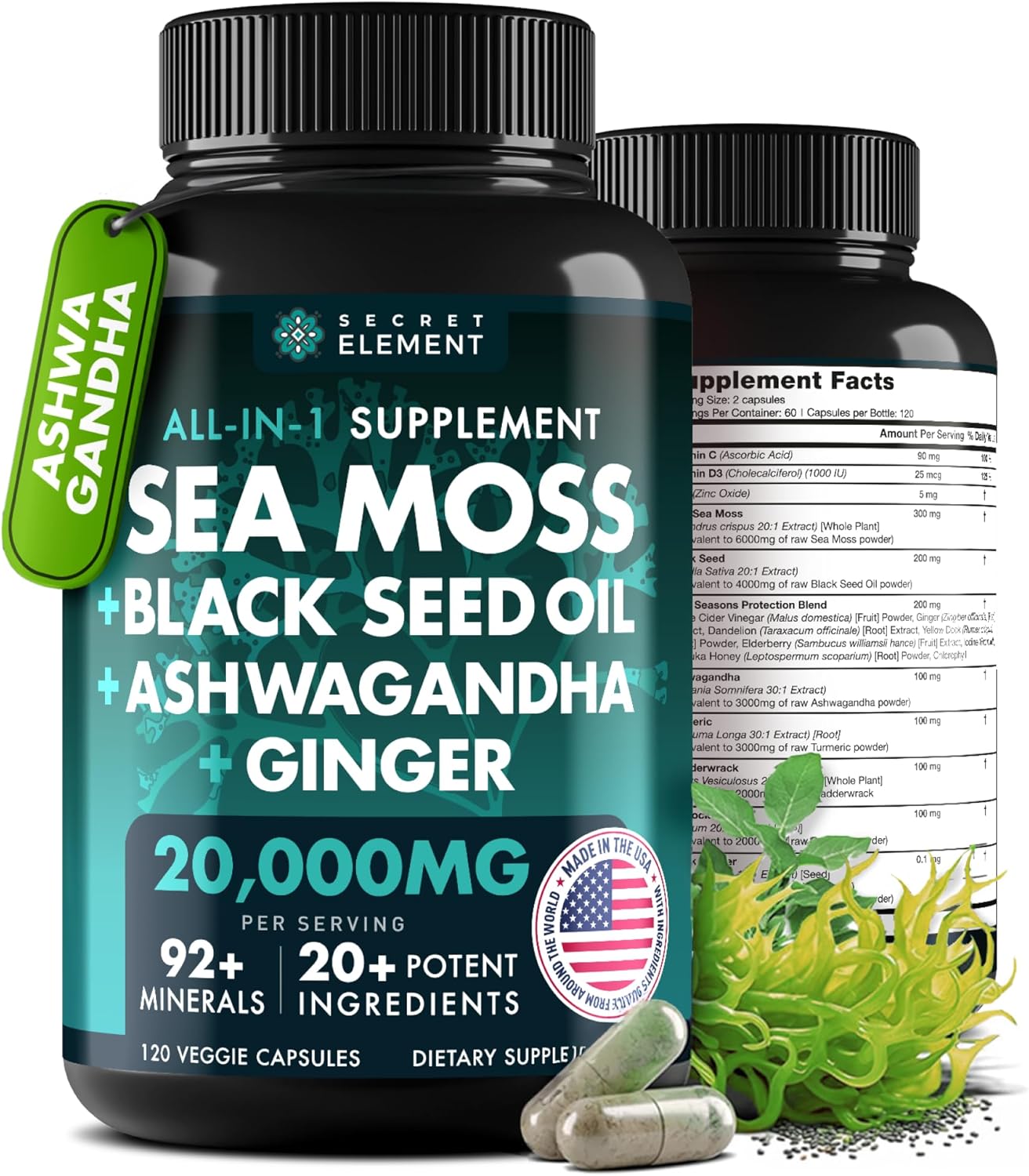 Irish Sea Moss Black Seed Oil Ashwagandha Ginger, 20,000mg Capsules, Seamoss Black Seed Oil Ashwagandha Burdock Root, All in One Supplement, 120 Capsules - Image 2