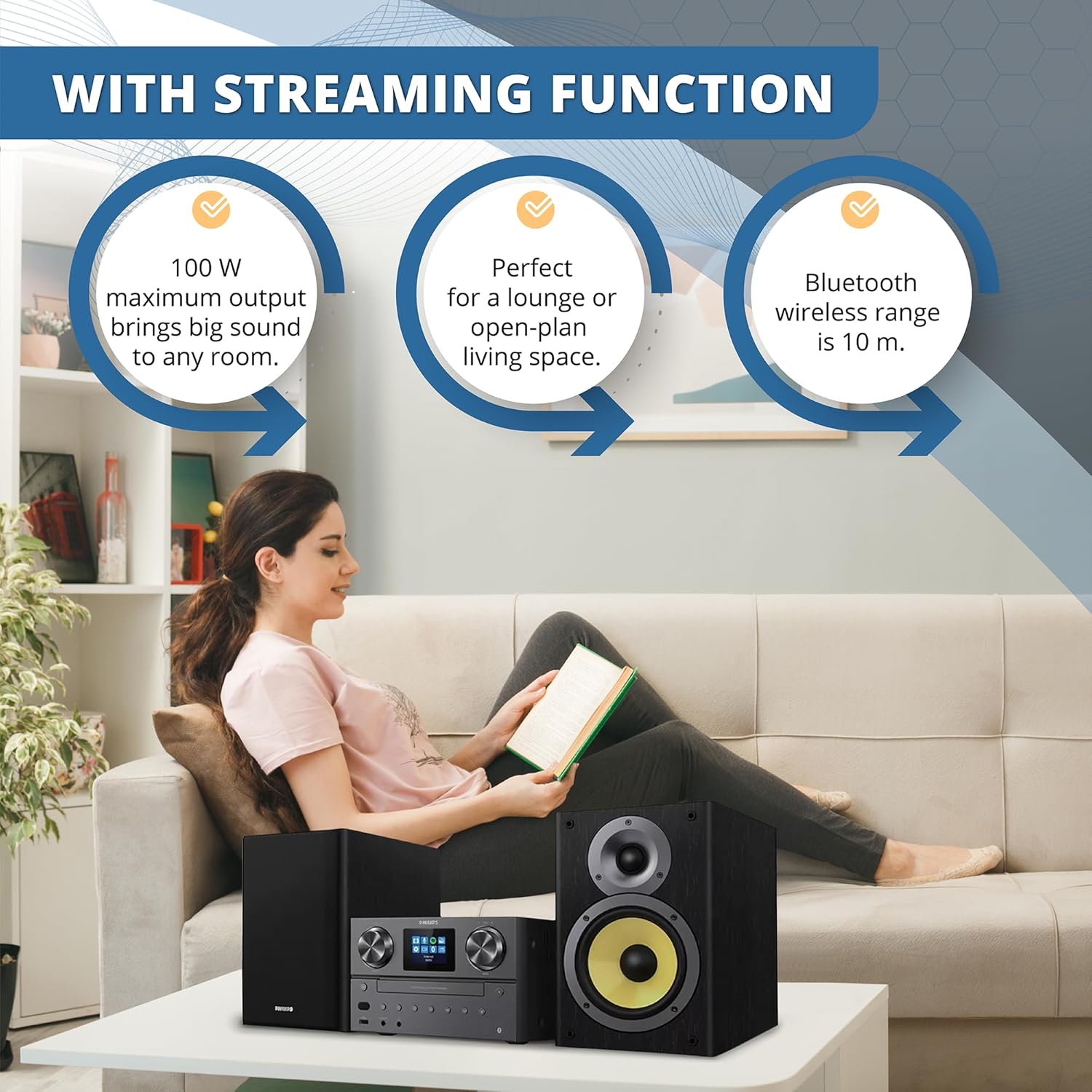 Philips Bluetooth & WiFi Stereo System for Home with CD Player, Spotify, Internet Radio, FM Radio, MP3 Playback, Crisp Highs and Rich Bass 100W, Remove Control Included - Image 3