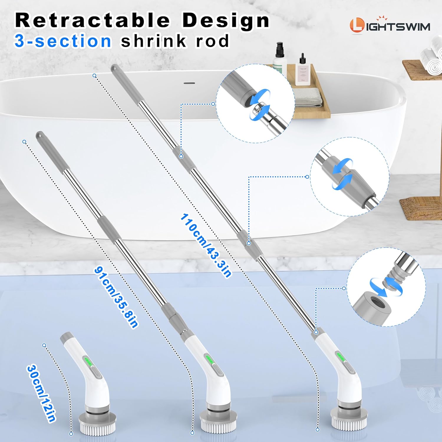 Electric Spin Scrubber, Upgrade 7 in 1 Electric Cleaning Brush,420RPM Powerful Cleaning, 1.5H Bathroom Scrubber Dual Speed with Extension Arm for Kitchen, Car, Tile, Wall, Floor, Shower - Image 4
