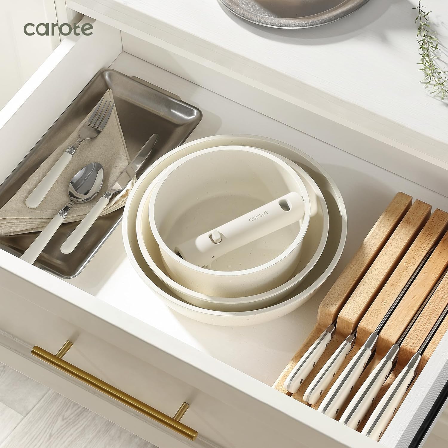 CAROTE 23pcs Pots and Pans Set Non Stick, Cookware Sets, Kitchen Set, Oven/Dishwasher/Fridge Safe, Space Saving Pots Set, Nonstick Set with Versatile Detachable Handle, Induction RV Set, Cream - Image 7