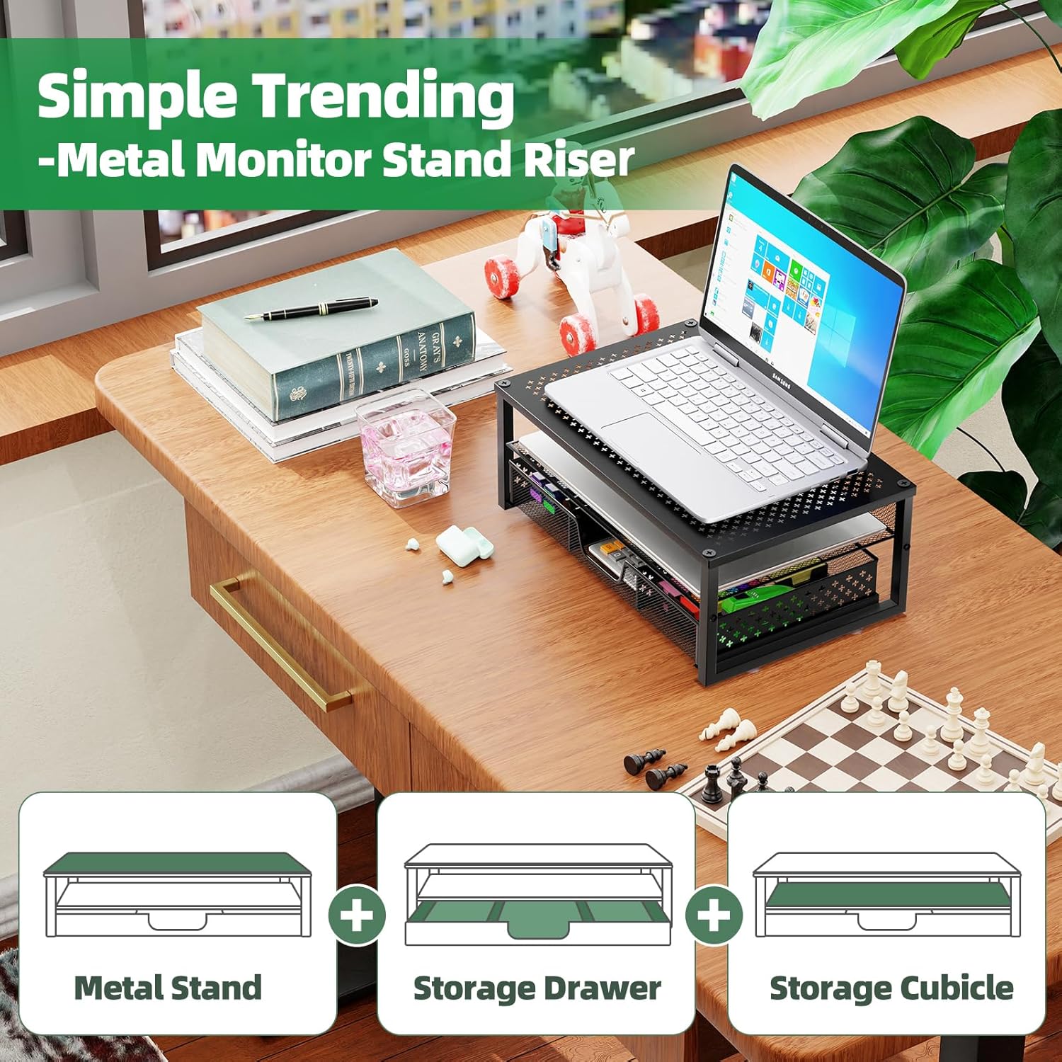 Simple Trending Metal Monitor Stand Riser and Computer Desk Organizer with Drawer for Laptop, Computer, iMac, Black - Image 5