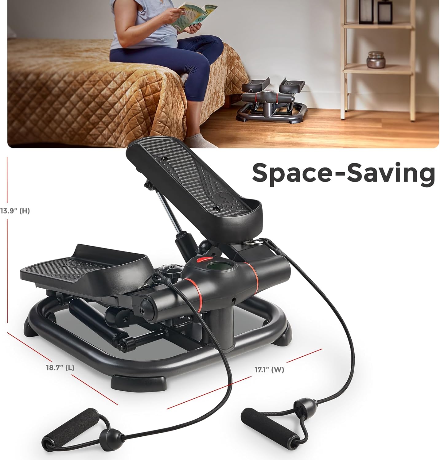 Sunny Health & Fitness 2-in-1 Premium Power Stepper with Resistance Bands, Low-Impact Cardio, Space-Saving, Height-Adjustable, with Enhanced Bluetooth Connectivity with Free SunnyFit App - Image 8