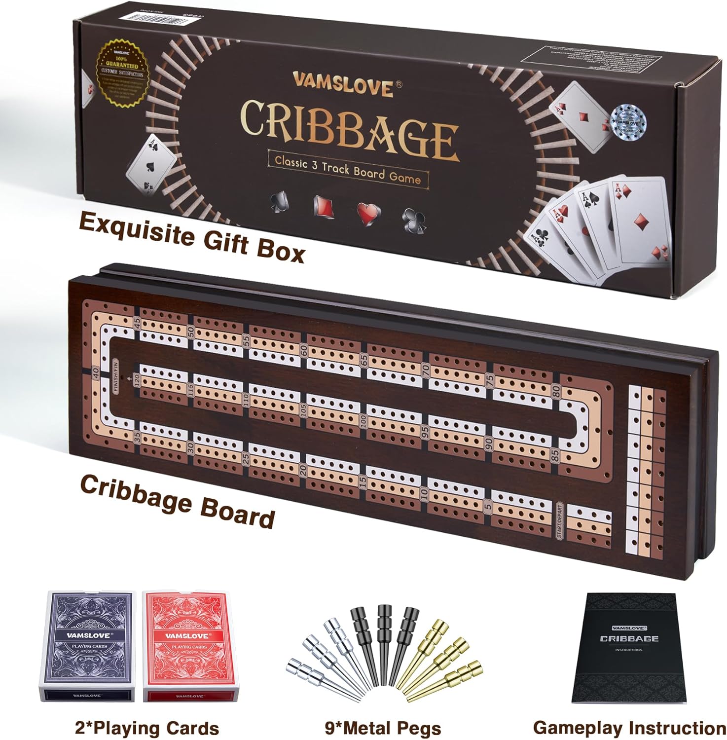 VAMSLOVE Wooden Cribbage Board Game Magnetic 3-Track Scoreboard with Large Slots for Storing 2 Playing Cards and 9 Metal Pegs, Travel Family Game Night (Instruction Included - Image 7