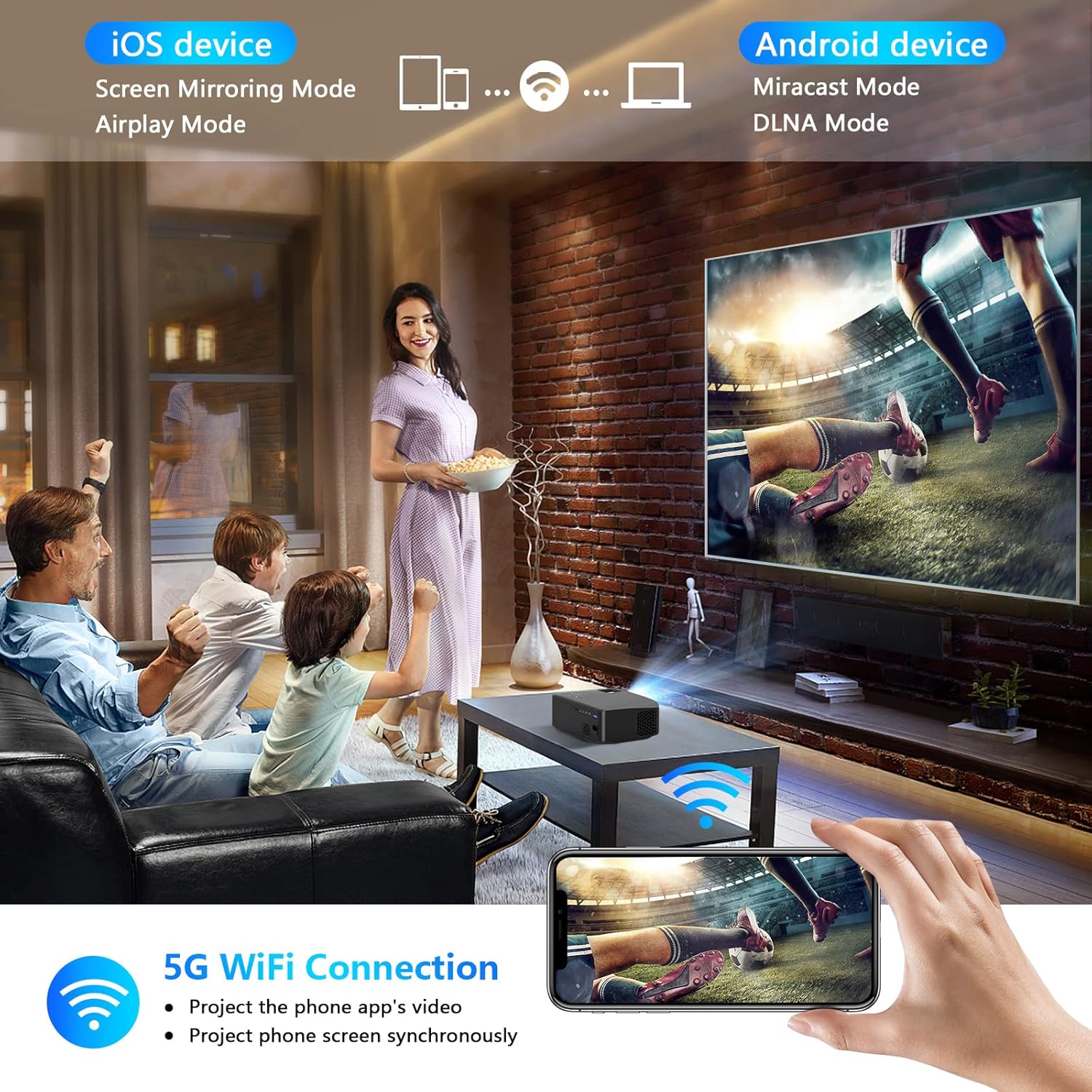 Native 1080P 5G WiFi Bluetooth Projector, AILESSOM 20000LM 450" Display Support 4K Movie Projector, High Brightness for Home Theater and Business, Compatible with iOS/Android/TV Stick/PS4/HDMI/PPT/USB - Image 5