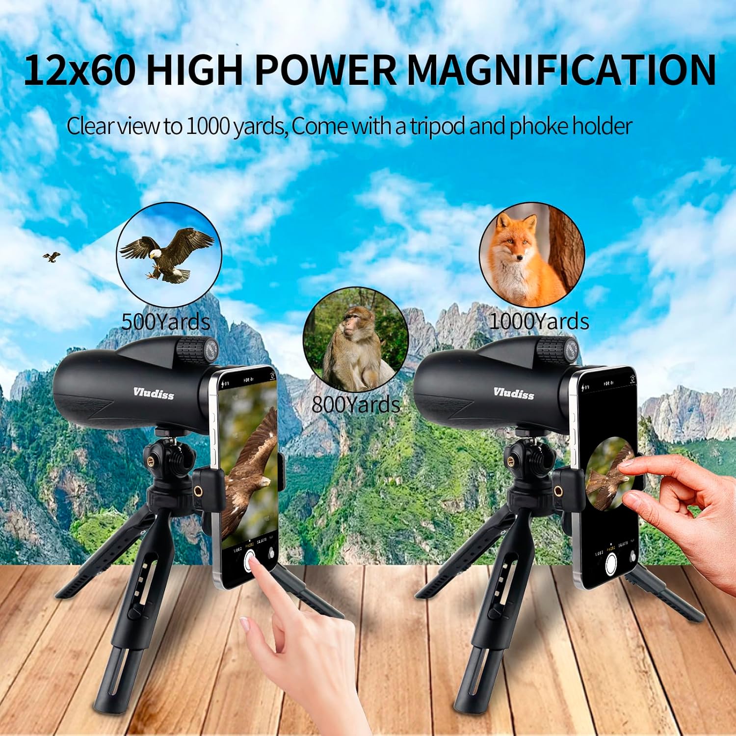 12X60 High-Power Monocular Telescope with Smartphone Holder and Tripod, Large Vision with BAK-4 Prism and FMC Lens Suitable for Bird Watching Hunting Hiking Camping Wildlife - Image 7