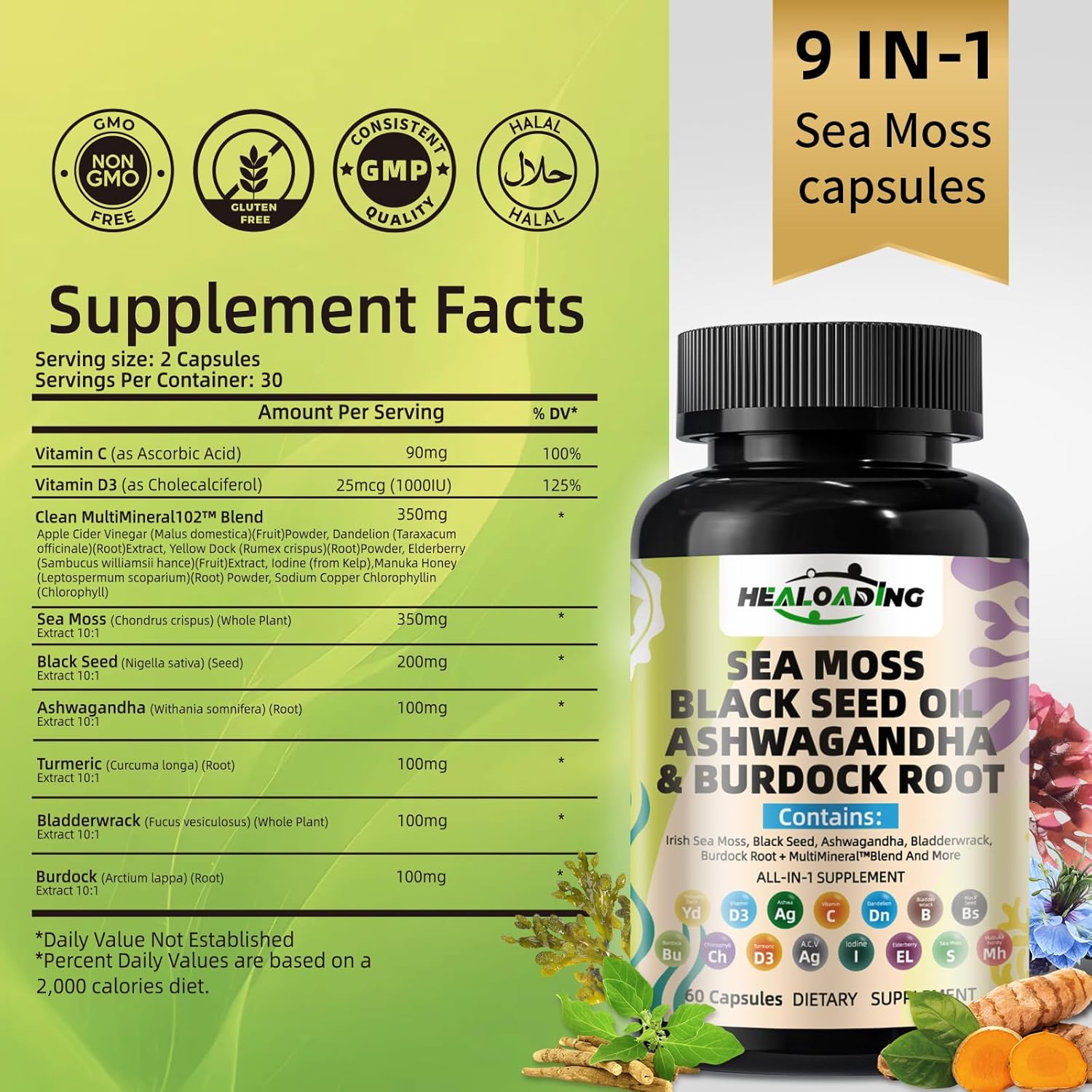 Sea Moss Capsules with Black Seed Oil, Ashwagandha, Turmeric, Bladderwrack, Burdock, Vitamin C&D3 for Immune System, Skin and Energy Support - Image 3