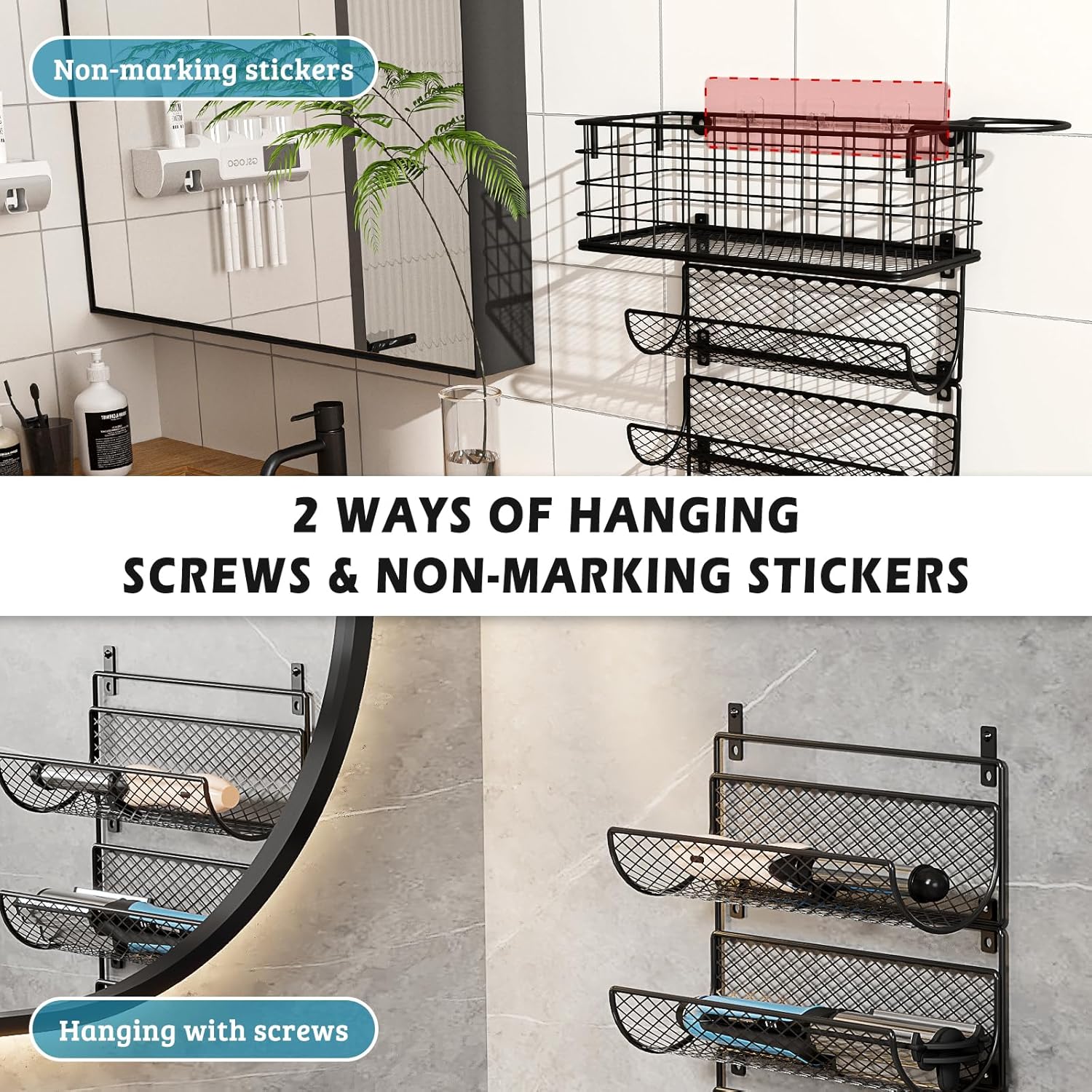 Wall-Mounted Hair Dryer Holder Styling Tool Organizer 4-Shelf Storage Wire Basket with Hook Heat Safe Rack for Hair-Straighteners,Curling Wands,Flat Iron,Perfume,Cabinet Door Bathroom Kitchen - Image 7