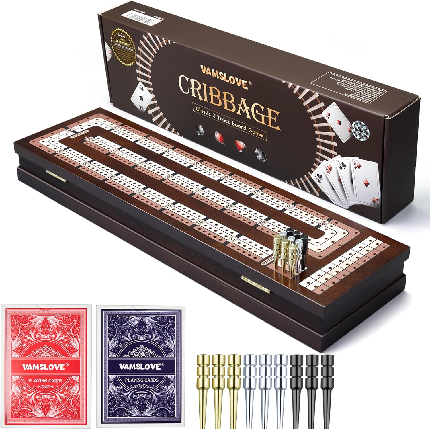 VAMSLOVE Wooden Cribbage Board Game Magnetic 3-Track Scoreboard with Large Slots for Storing 2 Playing Cards and 9 Metal Pegs, Travel Family Game Night (Instruction Included - Image 2
