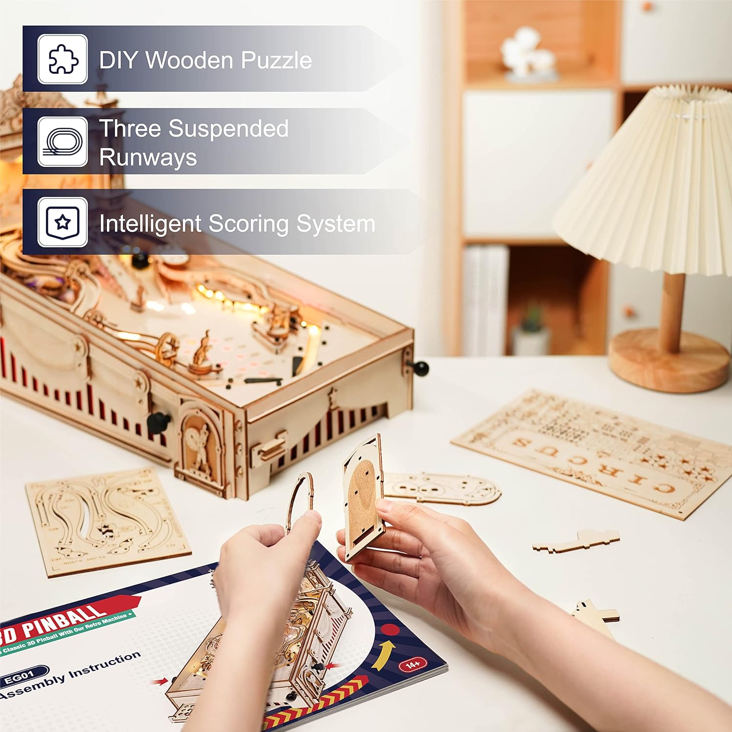 Rowood Wooden Puzzles 3D Pinball Machine Mechanical Model Wooden 3D Puzzles for Adults DIY Pinball Game Wooden Puzzle-Model Building Kits Christmas Birthday Gifts for Adult and 14+ Teens - Image 3