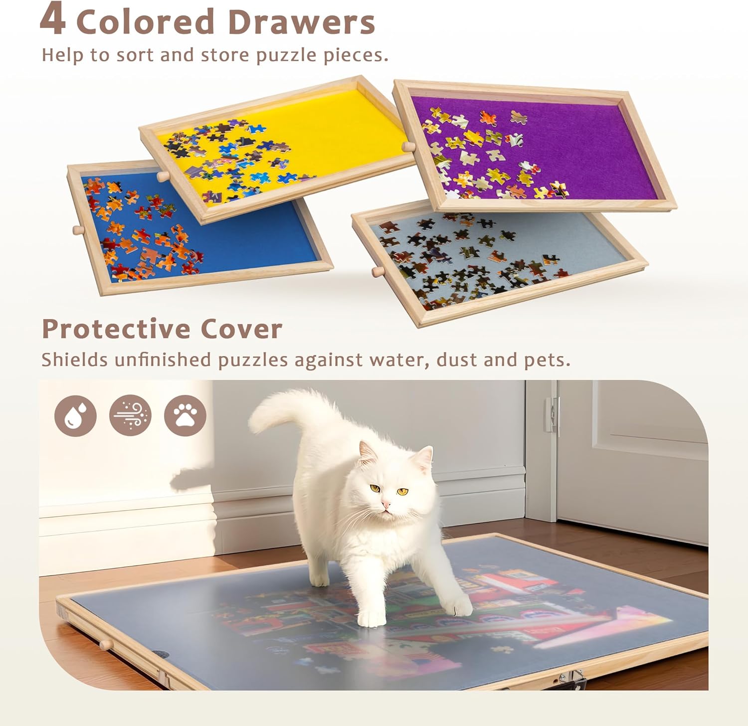Lavievert 2-in-1 Tilting & Rotating Jigsaw Puzzle Board with 4 Colored Drawers & Cover, Wooden Swivel Puzzle Plateau for Adults, Portable Puzzle Table with Non-Slip Tabletop for Up to 1000 Pieces - Image 4
