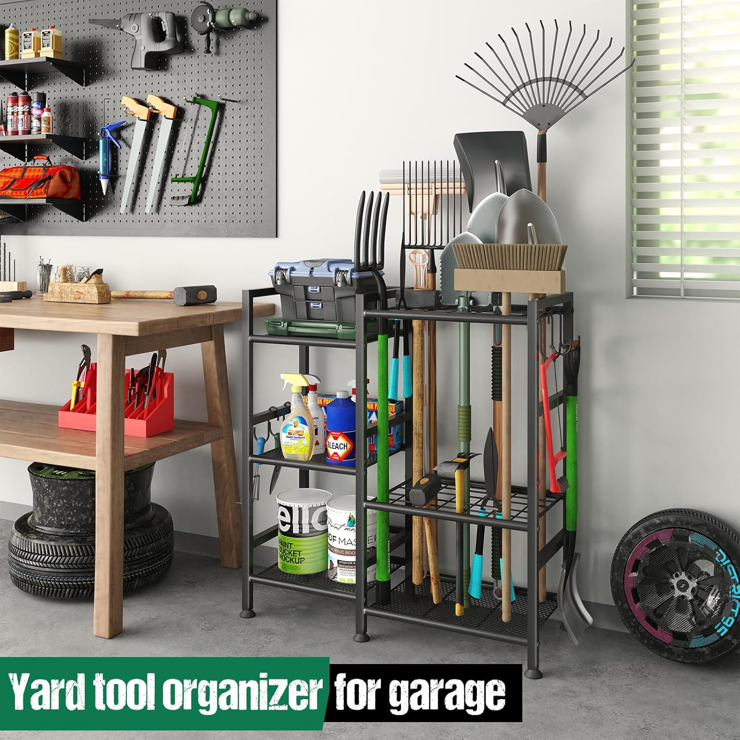 keomaisyto Garden Tool Organizer for Garage Organization, 3 Tier Yard Tool Storage Rack with 35 Long-Handled Tool Slots, Heavy Duty Garden Tool Holder with Large Hooks for Shed, Yard, Garage - Image 4