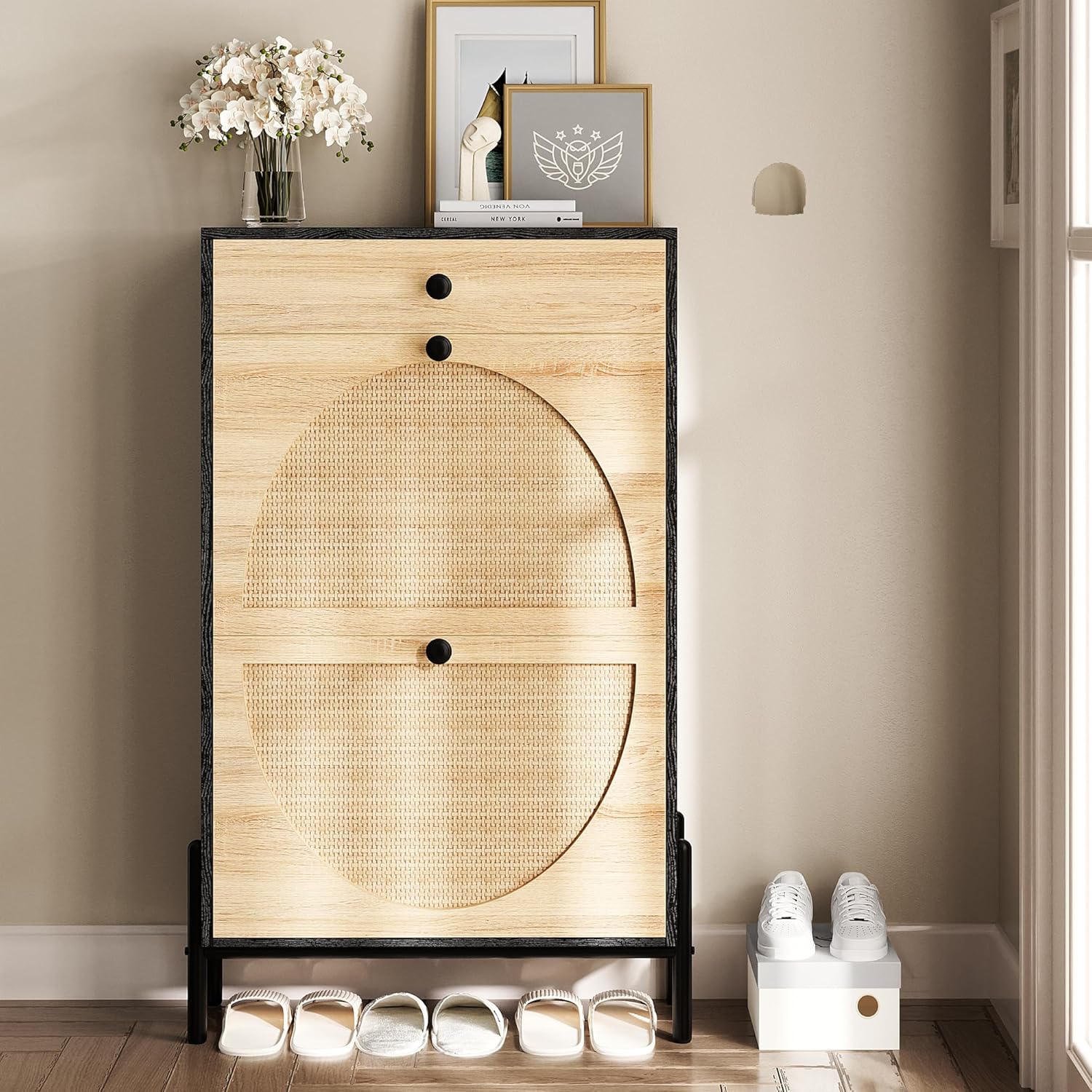 IRONCK Shoe Cabinet with 2 Flip Drawers, Shoe Storage Cabinet for Entryway, Free Standing Shoe Storage Organizer with Rattan Doors Slim Narrow Shoe Rack Cabinet, Black - Image 8