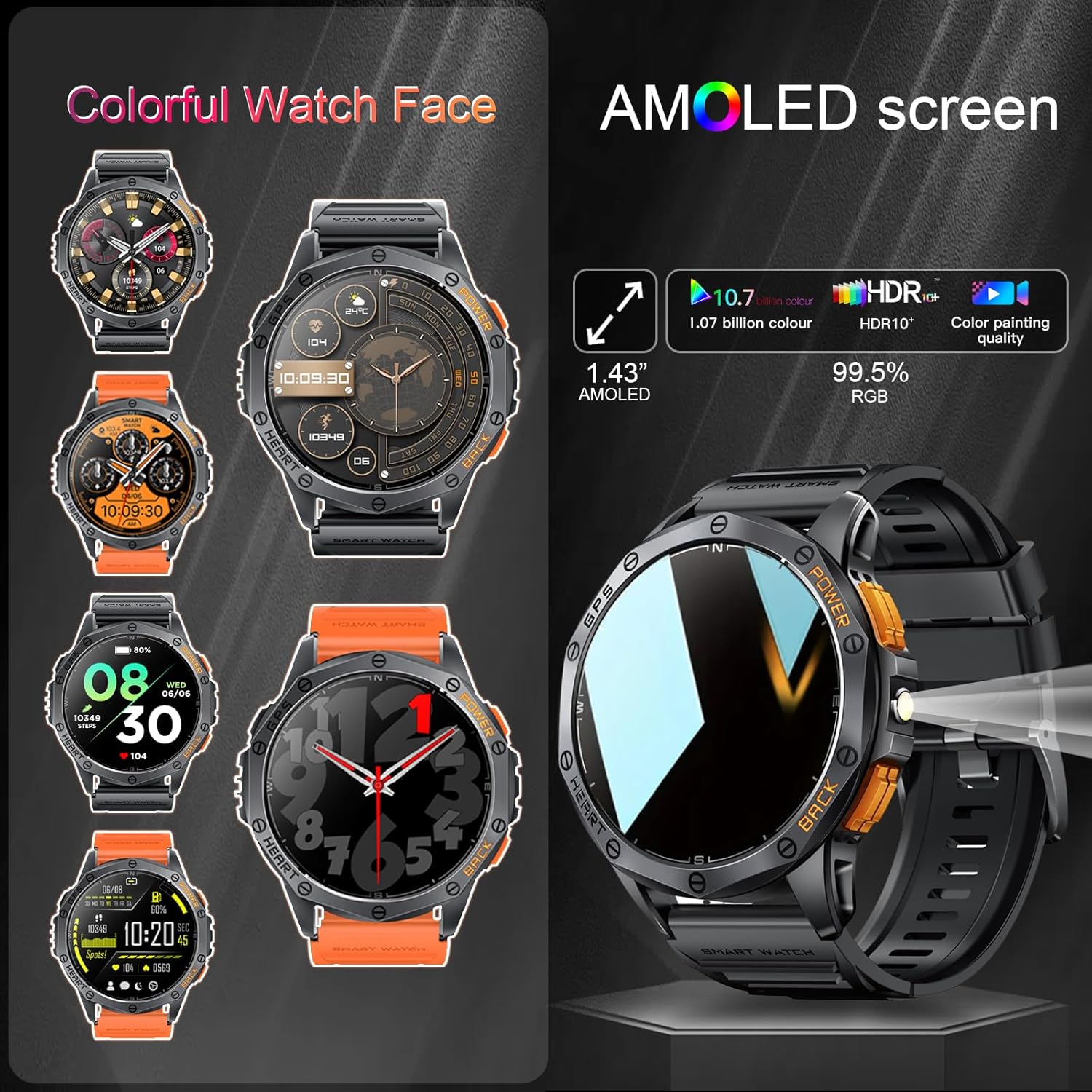Military Smart Watches Built-in GPS, 170+ Sport Modes for Men with Flashlight, Smartwatch for Android Phones and iPhone, 1.43" AMOLED Screen, Bluetooth Calls Compass Altimeter Barometric Altitude - Image 5