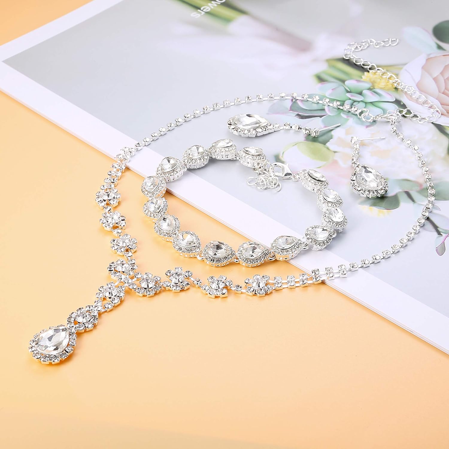 LOYALLOOK Bridal Rhinestone Teardrop Statement Necklace Bracelets and Dangle Earrings Jewerry Sets for Proms Weddings - Image 4