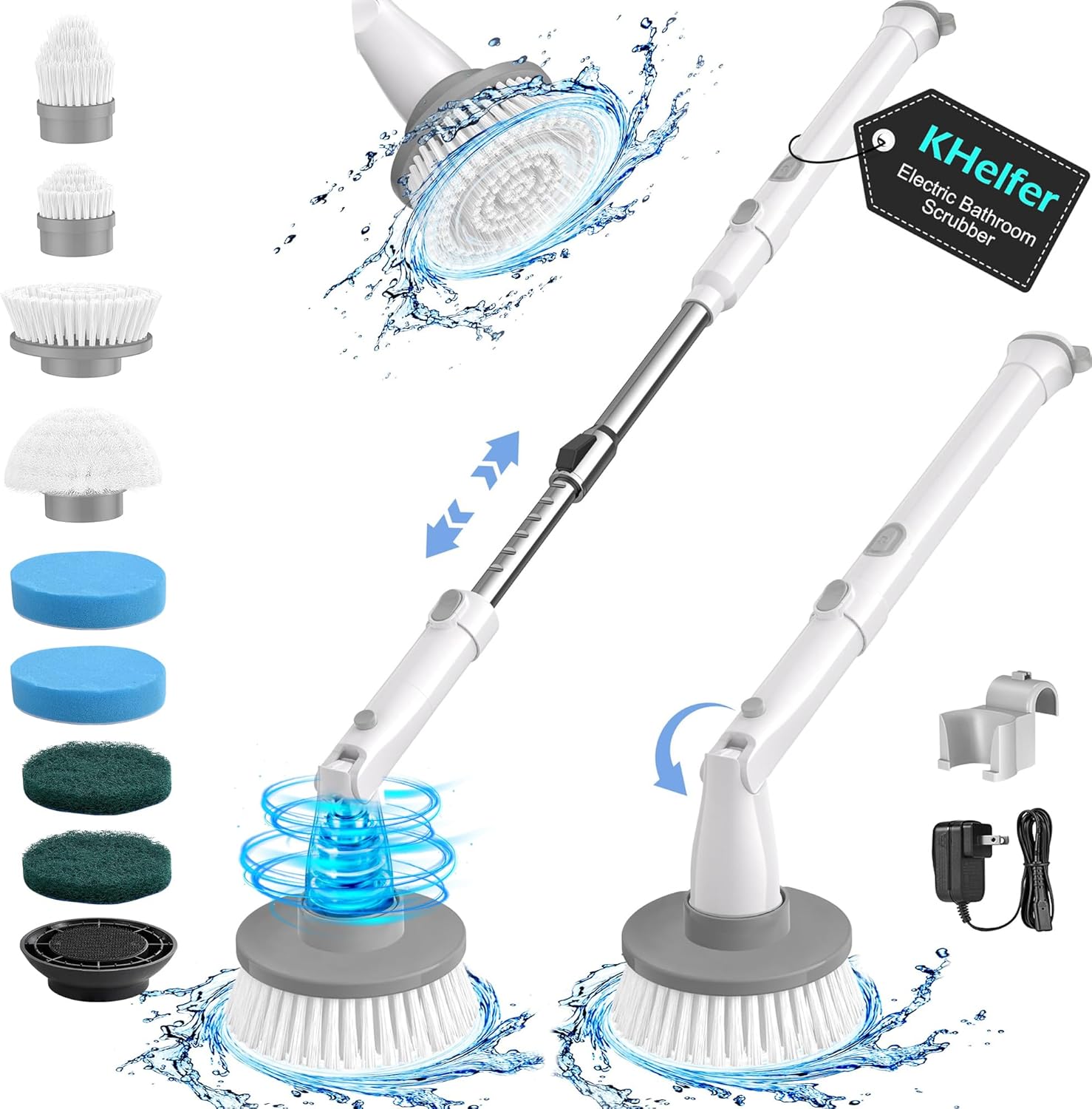 kHelfer Electric Spin Scrubber Kh8, Upgrade Cordless Shower Scrubber 8 Replacement Head, 1.5H Bathroom Scrubber Dual Speed, Shower Cleaning Brush with Extension Arm for Bathtub Tile Floor - Image 2