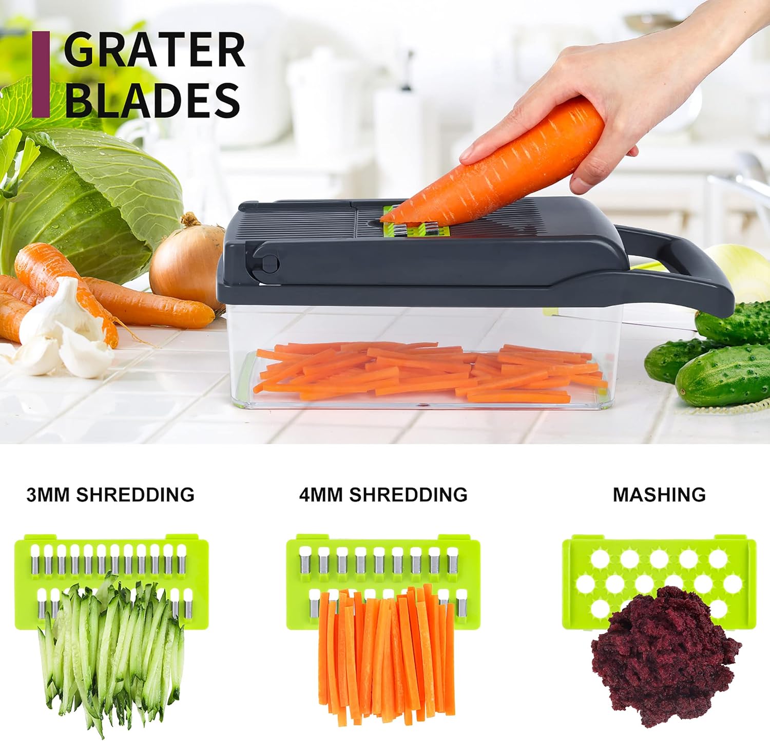 Vegetable Chopper Mandoline Slicer,Veggie Chopper, Multifunctional 10 in 1 Food Choppers, Kitchen Vegetable Slicer Dicer Cutter,Onion Mincer,Cheese Grater,Colander Basket,Kitchen Gadgets (Gray/Green) - Image 5