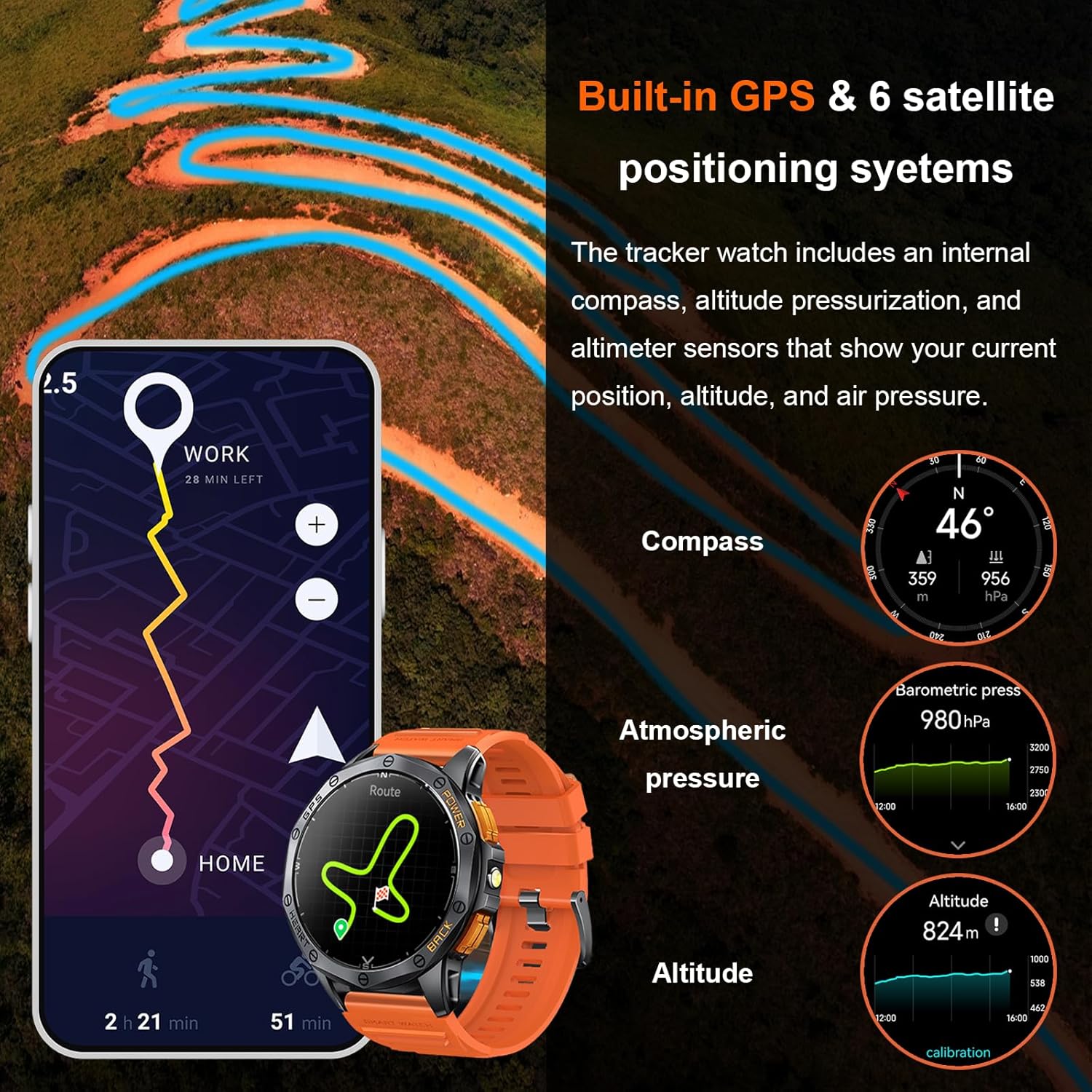 Military Smart Watches Built-in GPS, 170+ Sport Modes for Men with Flashlight, Smartwatch for Android Phones and iPhone, 1.43" AMOLED Screen, Bluetooth Calls Compass Altimeter Barometric Altitude - Image 3