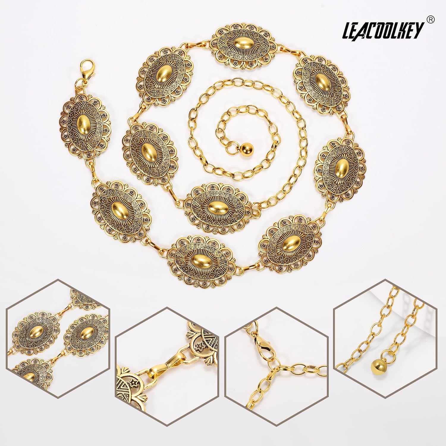 LEACOOLKEY Western Metal Concho Belt for Women Cowgirl Boho Waist Chain Belt for Dresses Jeans Pants - Image 4