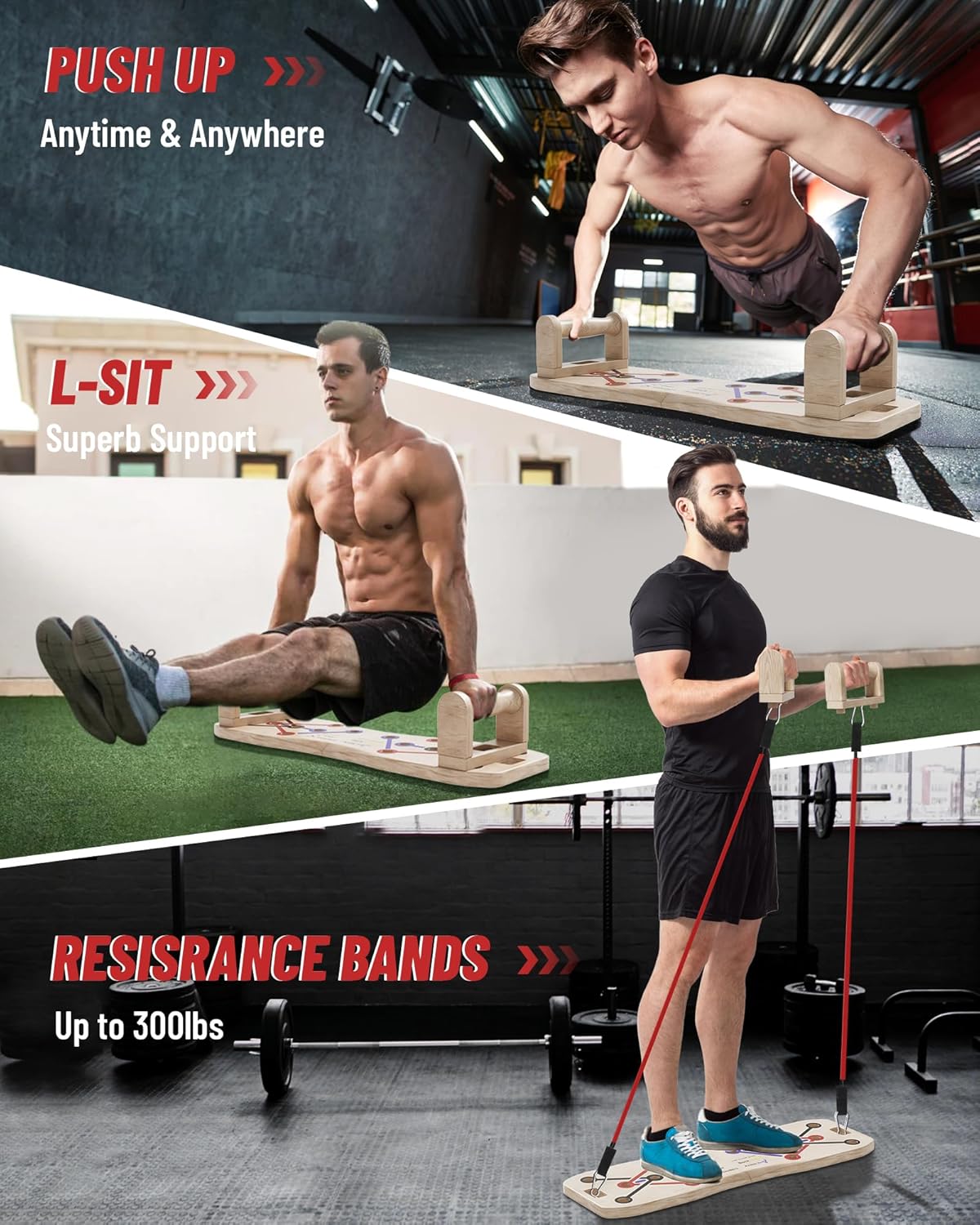 Foldable Push Up Board with Resistance Bands- Eco-Friendly Wooden Multi-Functional Portable Push Up Bar for Fitness, Professional Strength Training Equipment for Men & Women at Home Gym - Image 3