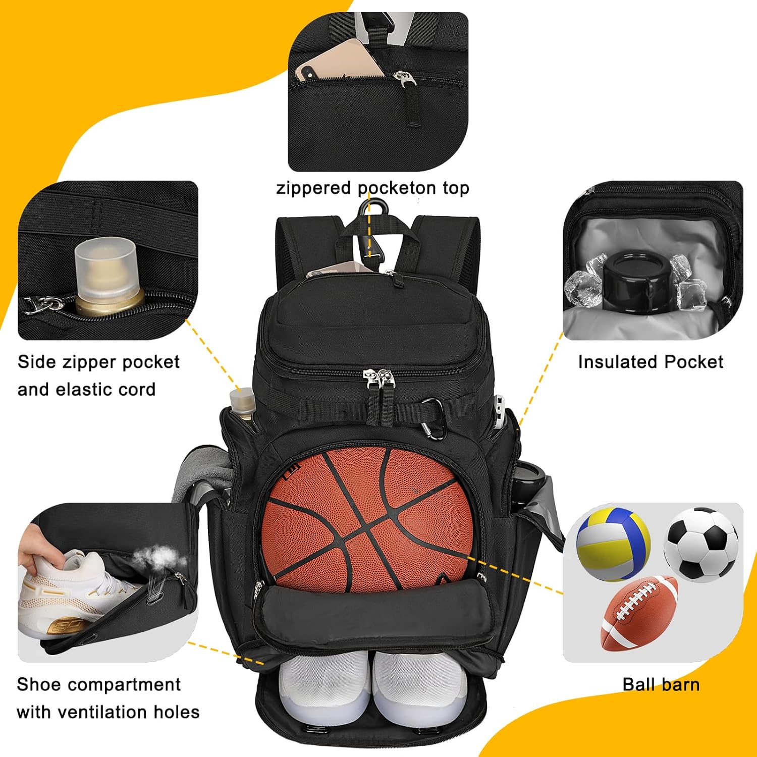 Goloni Basketball Backpack,Large Sports Bag with Ball Compartment & Shoe Compartment for Basketball, Soccer, Volleyball,Gym - Image 3