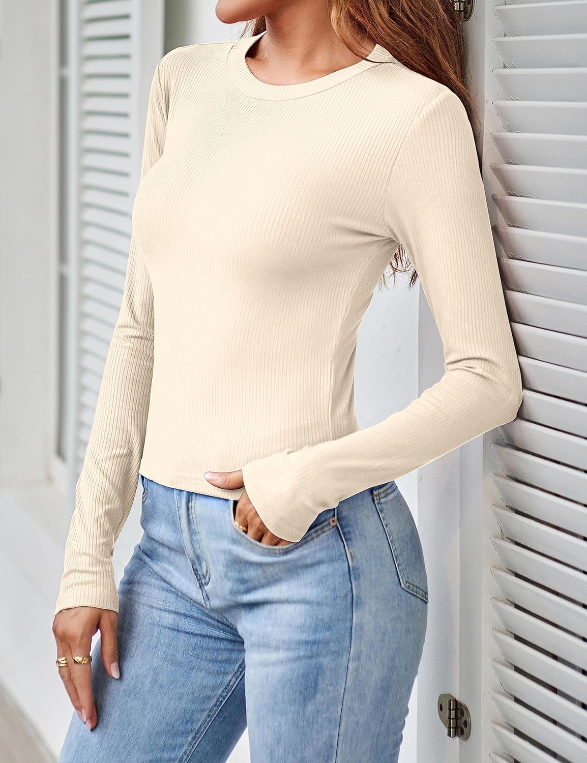 MEROKEETY Women Long Sleeve Slim Fit Crop Shirt Ribbed Knit Tops Casual Round Neck Y2K Tees - Image 4