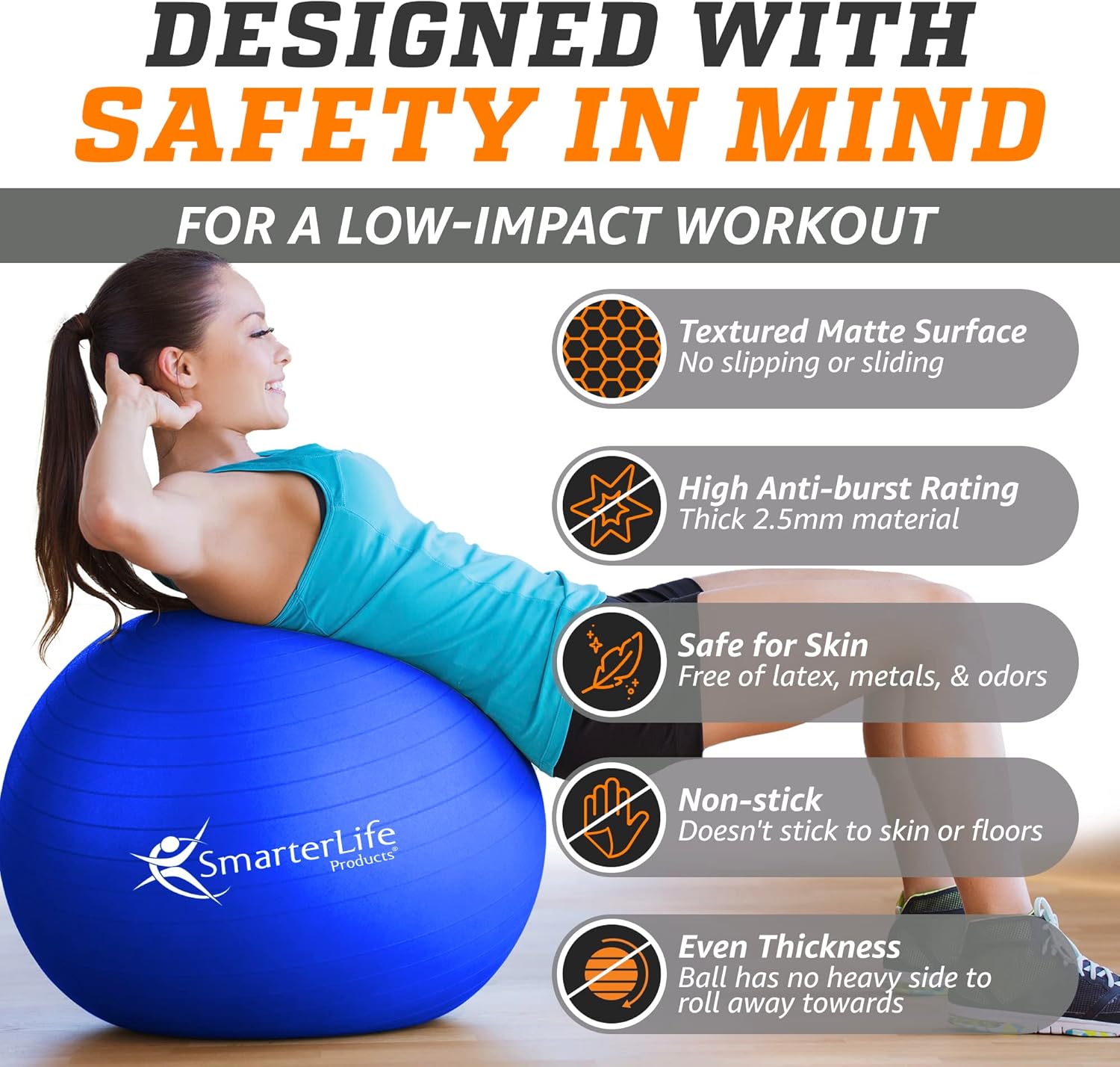 SmarterLife Exercise Ball Yoga Ball for Fitness, Balance, Stability, or Pregnancy, Gym Ball for Core Workout, Physical Therapy, Yoga Ball Chair for Office, Anti-Slip Anti-Burst - Image 6