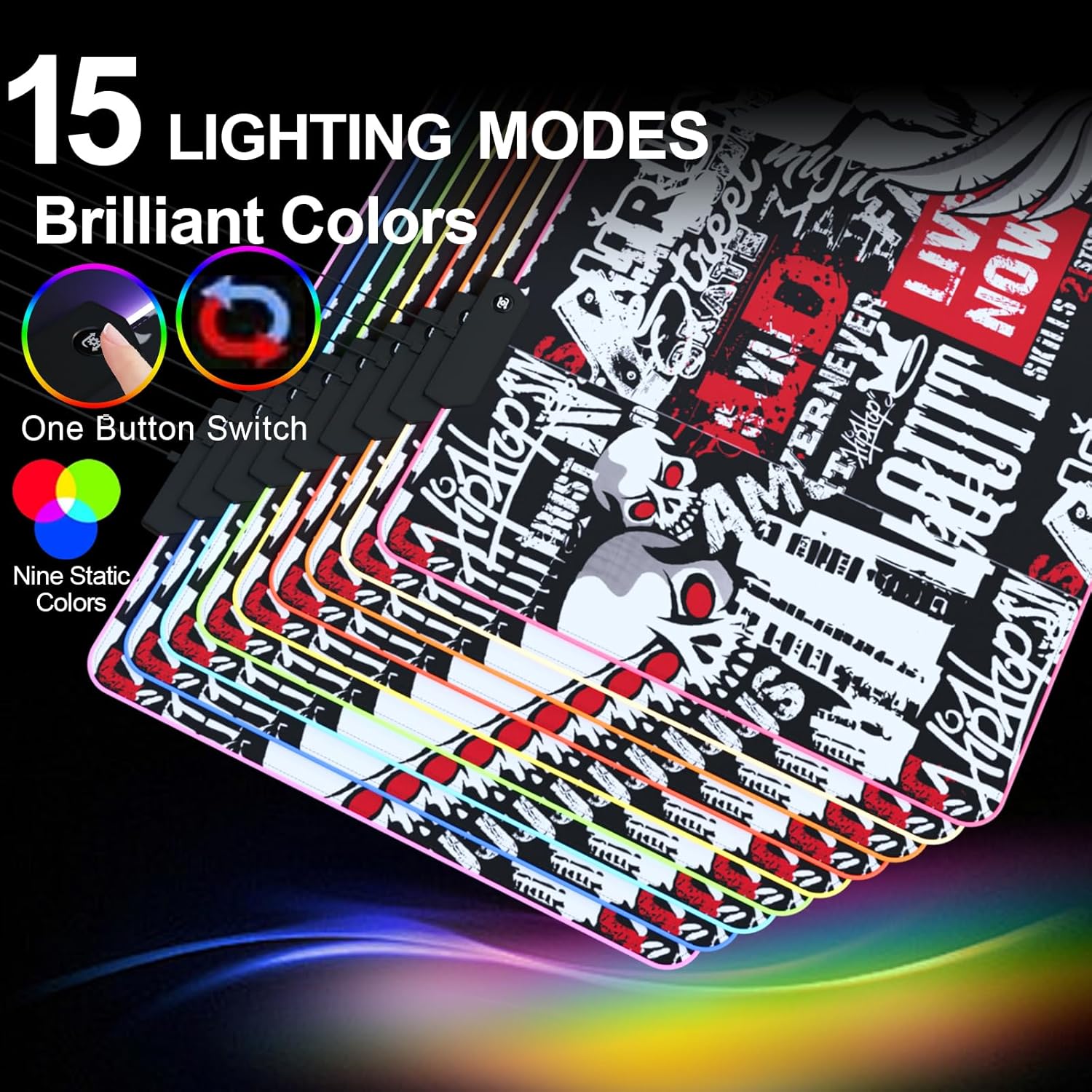 Extra Large RGB Gaming Mouse Pad 35.4x15.7 Inches-Graffiti Nano Textured Cloth 15 Lighting Modes Extended Sleek LED Mouse Pad with Anti-Slip Rubber Base for Esports Gamers Professionals - Image 3