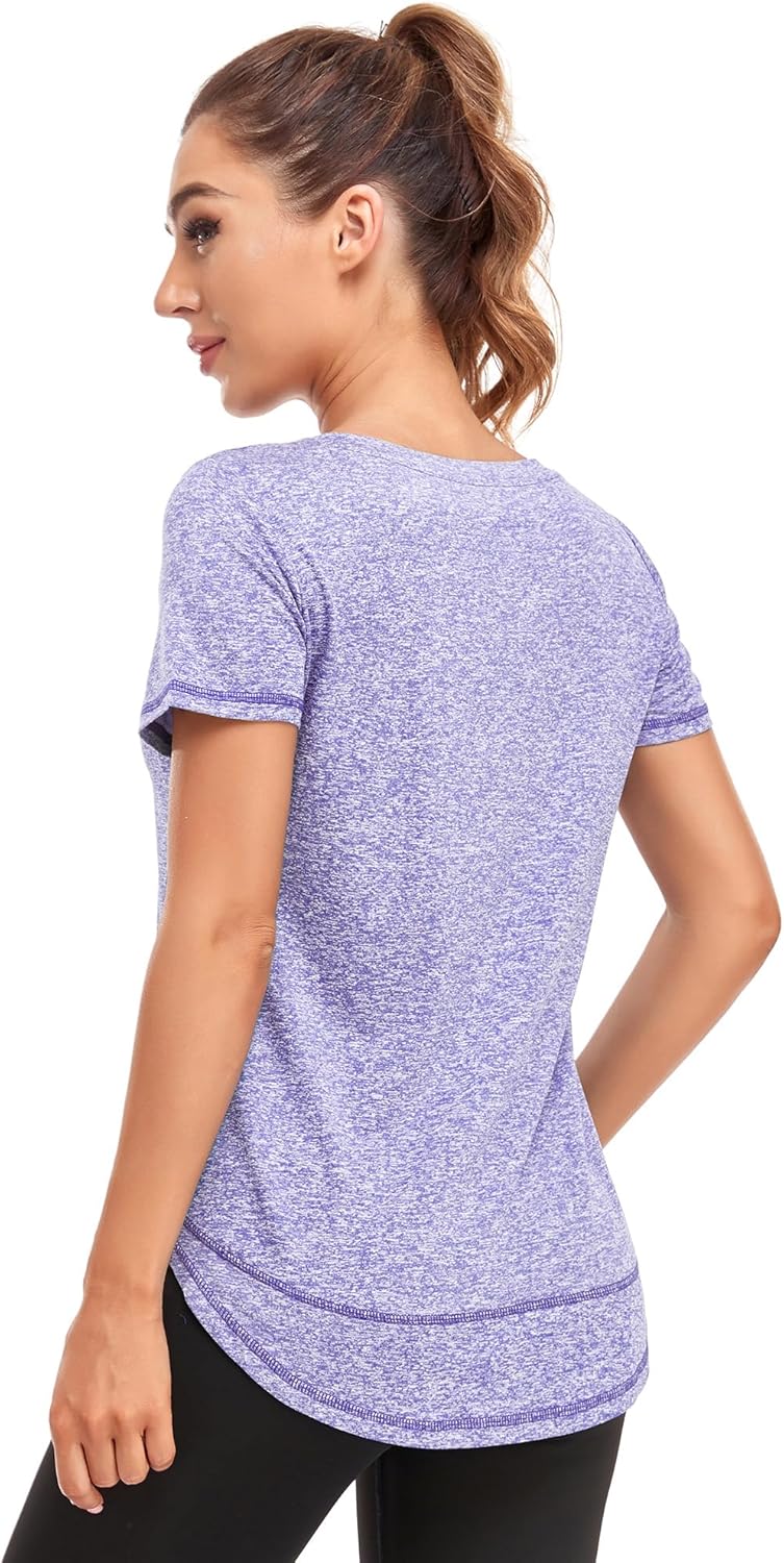 Women's Short Sleeve Workout Shirts Crewneck Sports Yoga Running Dry Fit Tops Side Split Tee - Image 6