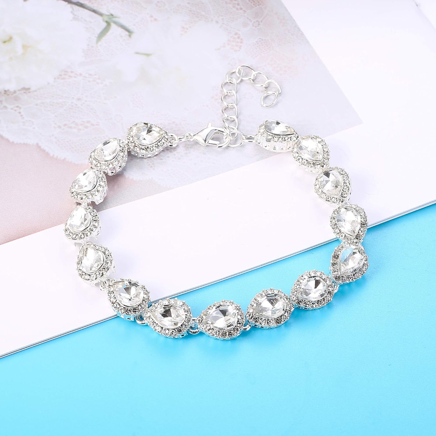 LOYALLOOK Bridal Rhinestone Teardrop Statement Necklace Bracelets and Dangle Earrings Jewerry Sets for Proms Weddings - Image 5