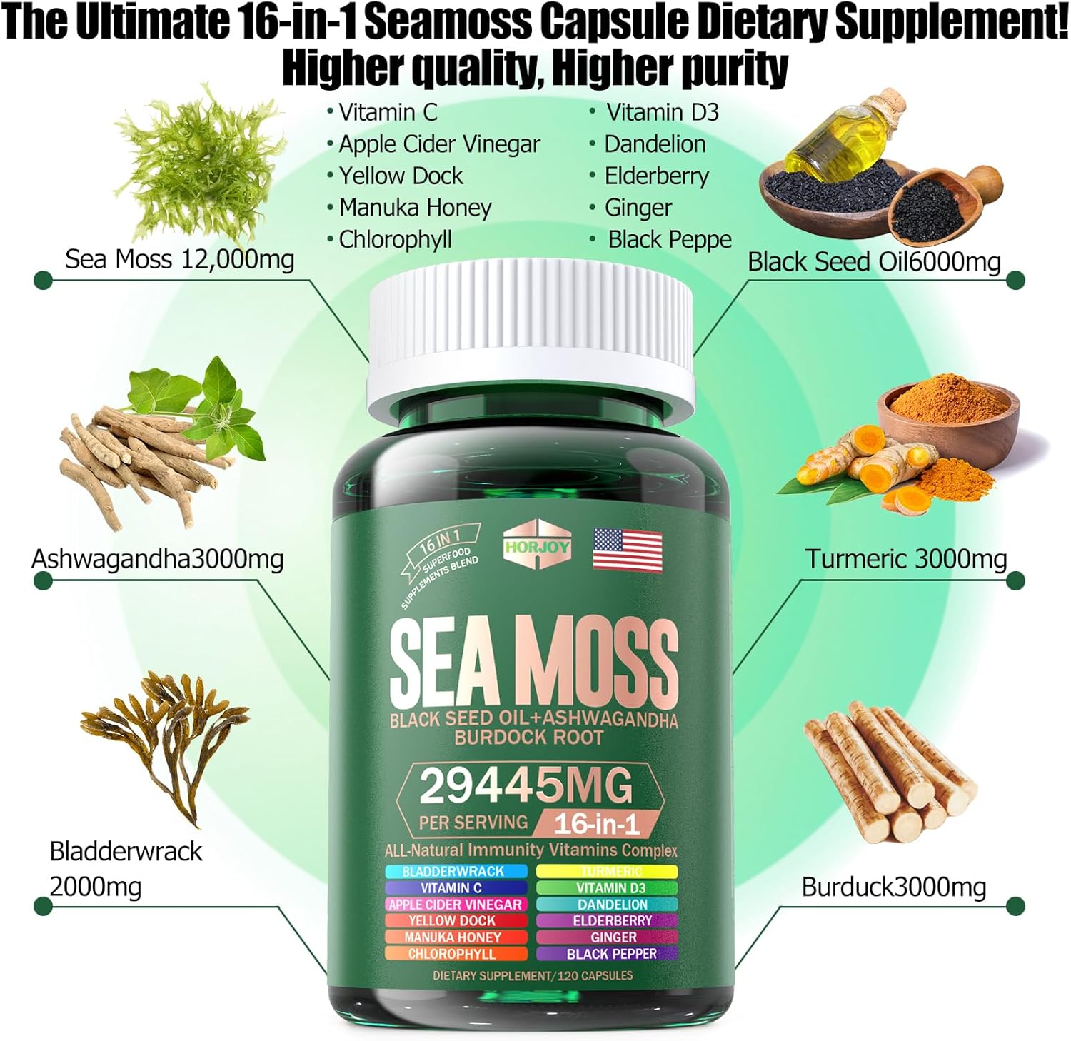 Sea Moss 12000mg Black Seed Oil 6000mg Ashwagandha 3000mg Turmeric 1000mg Bladderwrack 2000mg Burdock 3000mg & Vitamin C & D3 with Elderberry Manuka Dandelion Yellow Dock Iodine Chlorophyll ACV - Image 6