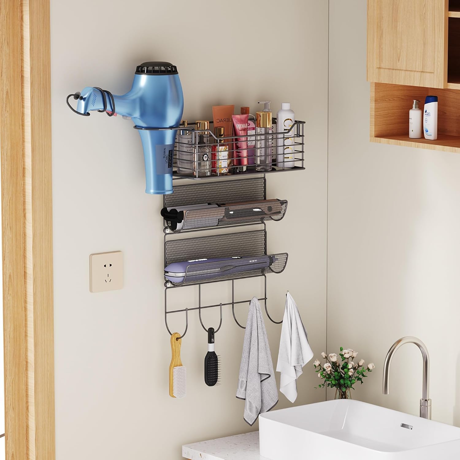 VITVITI Metal Hair Tool Organizer Wall Mount, Hair Dryer Holder with 3 Tier Shelf Basket Hooks, Bathroom Hair Styling Tool Organizer for Curling Iron/Blow Dryer/Straightener, Matte Black - Image 4