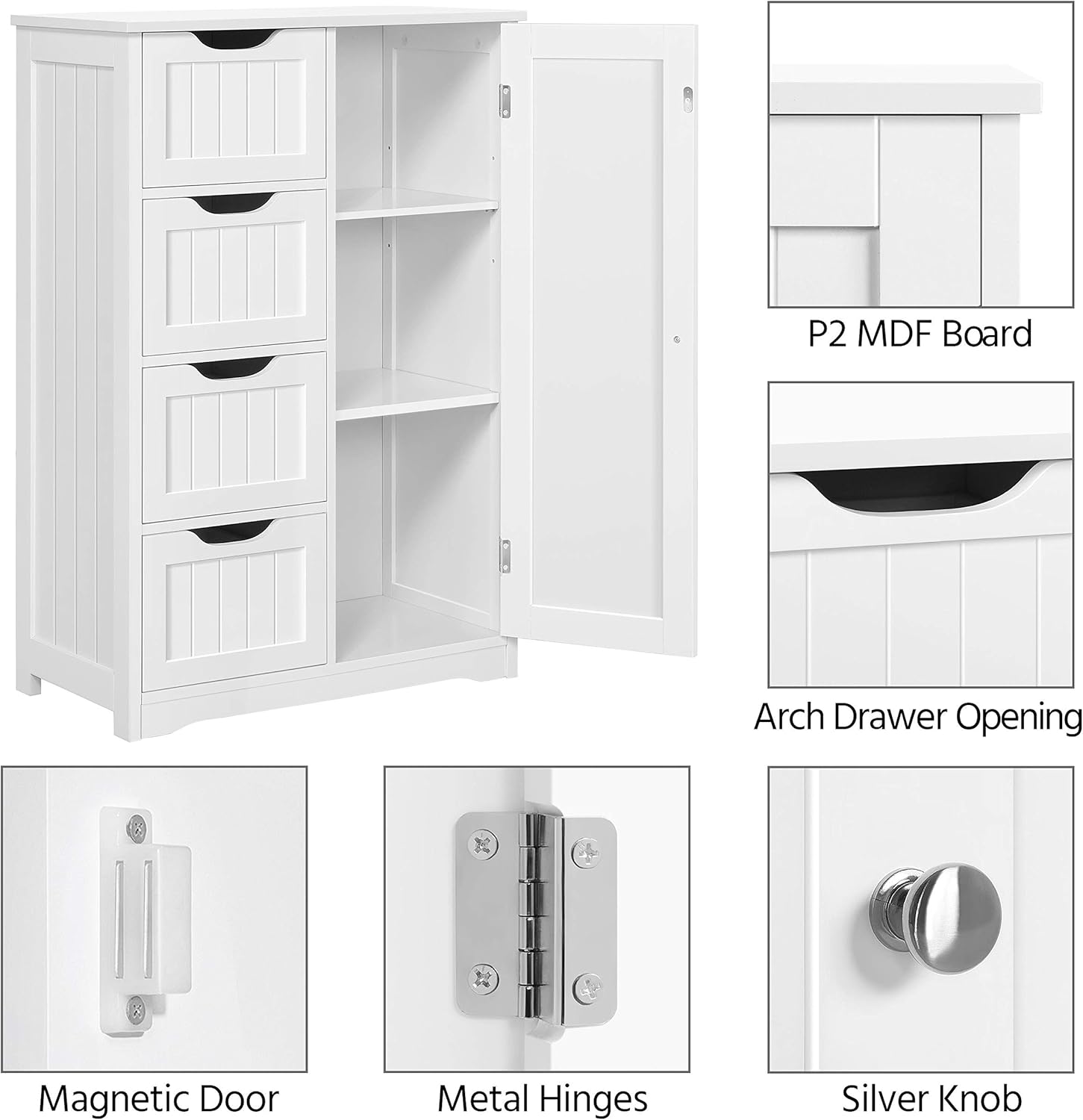 Yaheetech Wooden Floor Cabinet, Side Storage Organizer with 4 Drawers and 1 Cupboard, Freestanding Entryway Storage Unit Console Table, Bathroom Furniture Home Decor, White - Image 7