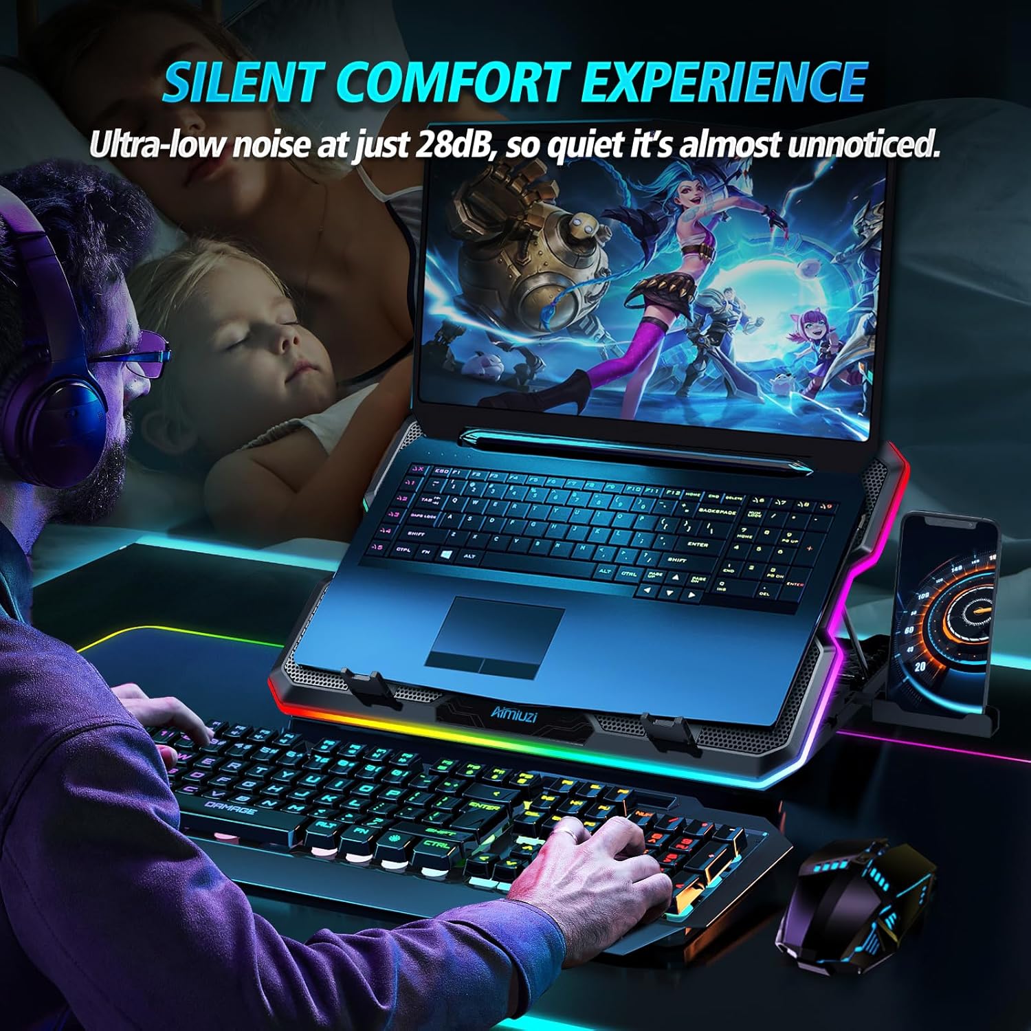Laptop Cooling Pad, Gaming Laptop Cooler with 15 Quiet Fans for 12-17.3 Inch Notebook, Slim Portable RGB Laptop Cooling Stand with 7 Height Adjustable,2 USB Ports, Phone Stand - Image 9
