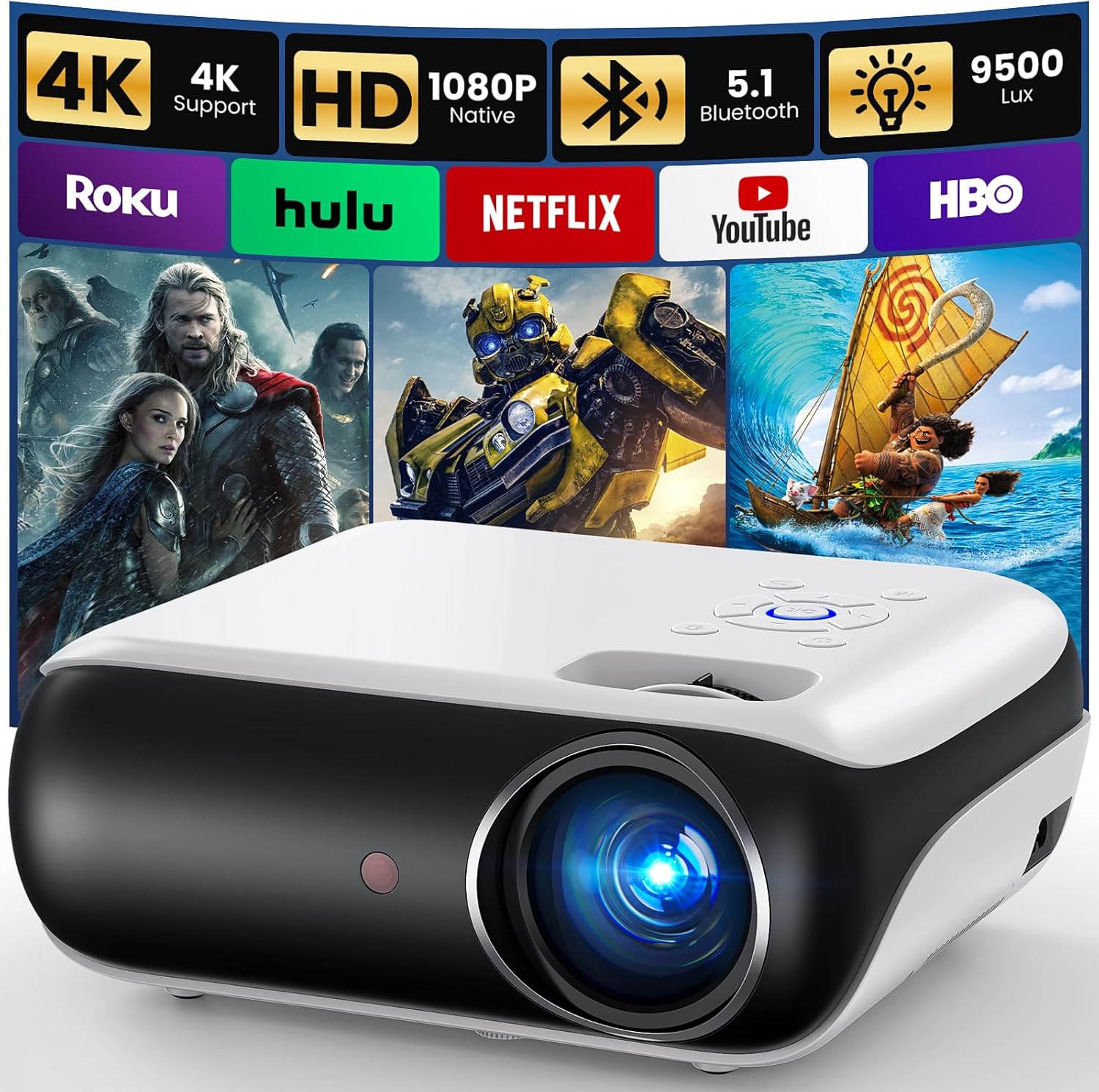 HAPPRUN Native 1080P Bluetooth Projector, Full HD Portable Outdoor Movie Projector with Built-in Speaker, Compatible with Smartphone, HDMI, USB, AV, Fire Stick, PS5 for Home, Bedroom, Outdoor Use - Image 2