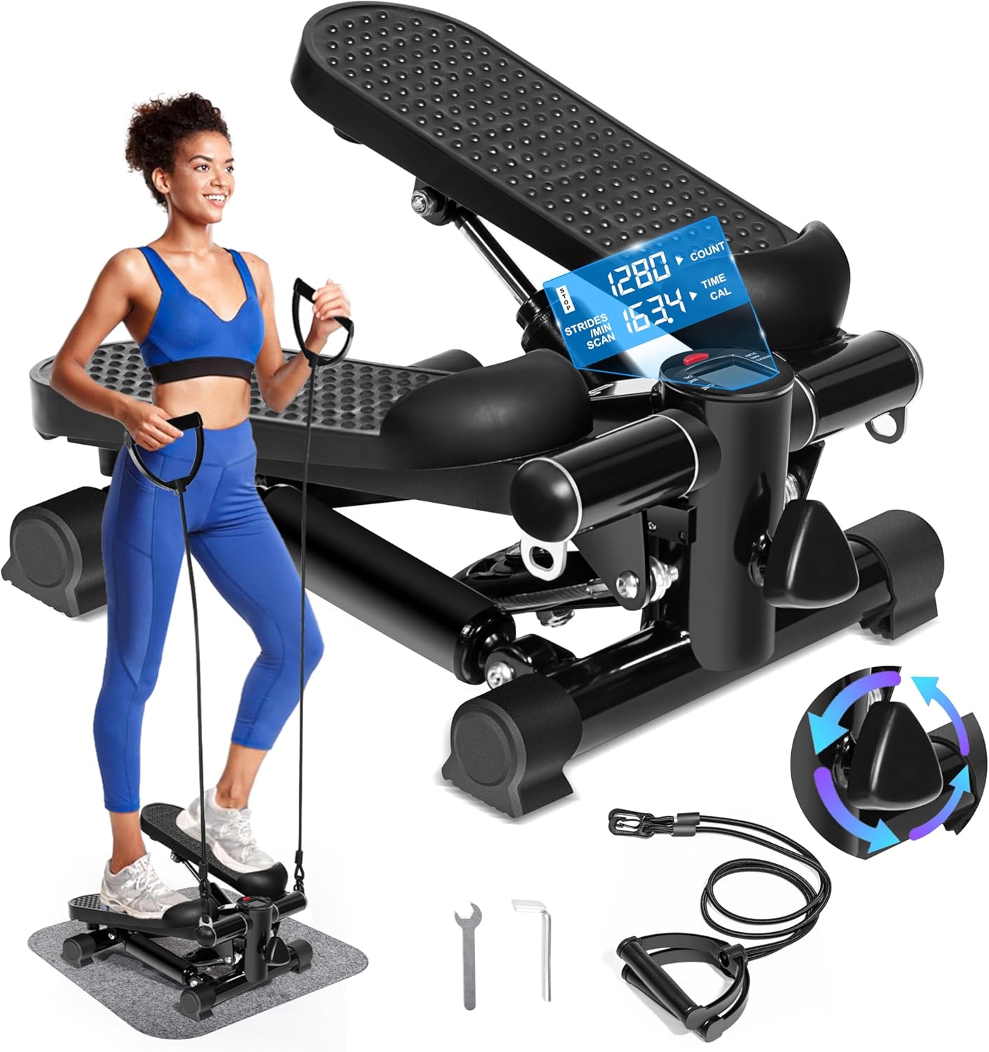 Steppers for Exercise at Home - Stair Stepper with 330 lbs Load Capacity, Resistance Bands, Non-Slip Mat - Adjustable Height Hydraulic Stepper with LCD to Monitor Steps & Time - Image 2