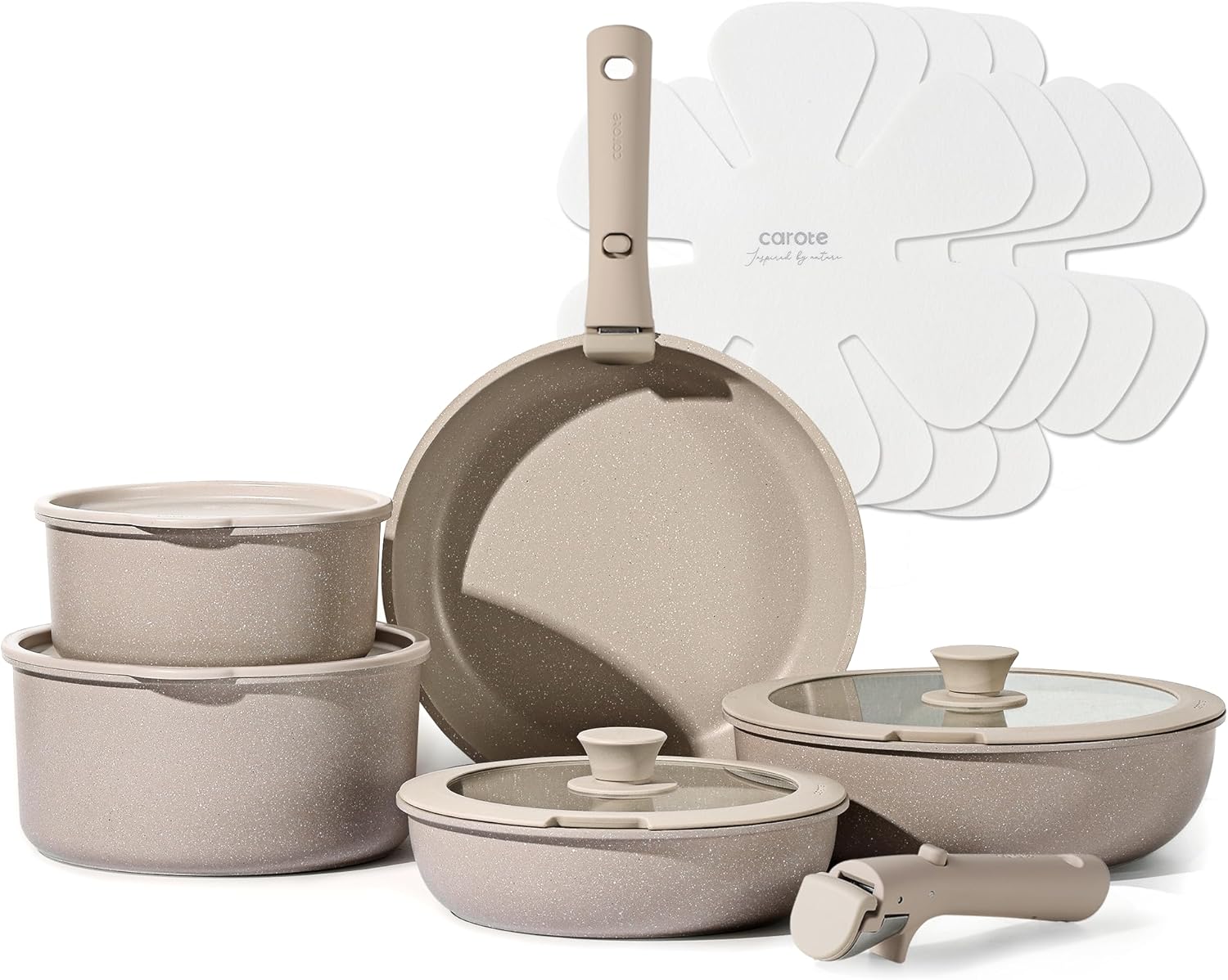 CAROTE 15pcs Pots and Pans Set, Nonstick Cookware Set Detachable Handle, Induction Kitchen Cookware Sets Non Stick with Removable Handle, RV Cookware Set, Oven Safe, Taupe - Image 2
