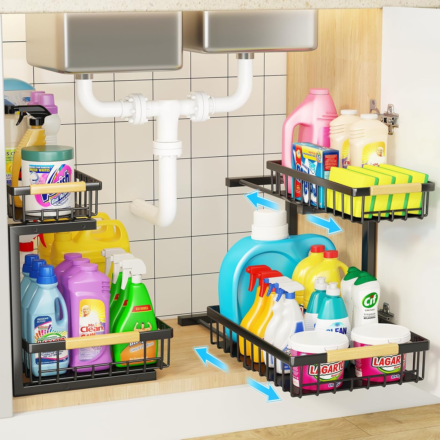 Under Sink Organizer and Storage, 2-Tier Pull Out Cabinet Organizers Shelf, Metal Sliding Drawers Shelves for Kitchen Bathroom Closet Organization, 2 Pack - Image 2