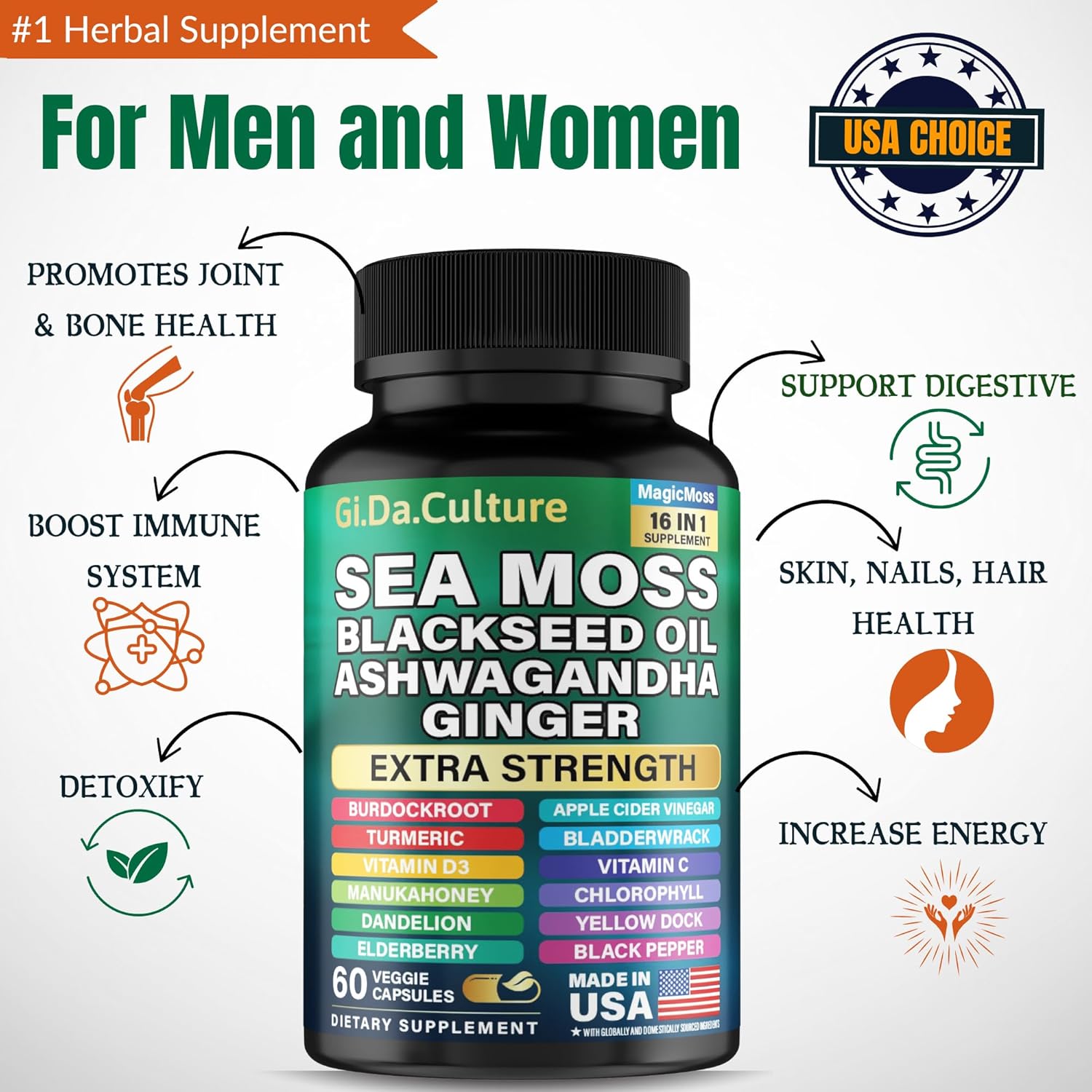 Sea Moss Capsules - Organic Irish Sea Moss Black Seed Oil Ashwagandha Ginger Burdock Root Bladderwrack Turmeric Black Pepper Vitamin C Vitamin D3-60 Veggie Capsules - Image 4