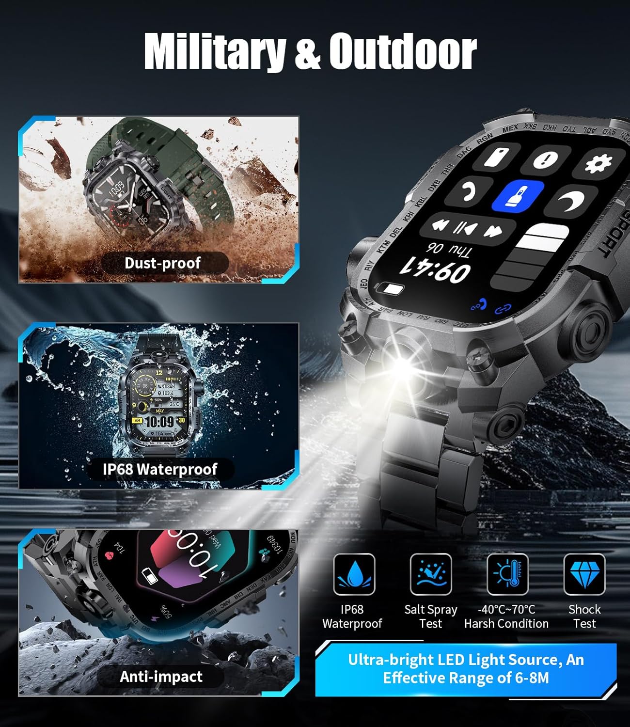 LIGE Military Smart Watch for Men(Answer/Make Calls) with LED Flashlight, 2.01" Outdoor Rugged Smartwatch, 45 Days Extra-Long Battery, 100+ Sports Fitness Tracker Watch, Smart Watch for Android iOS - Image 9