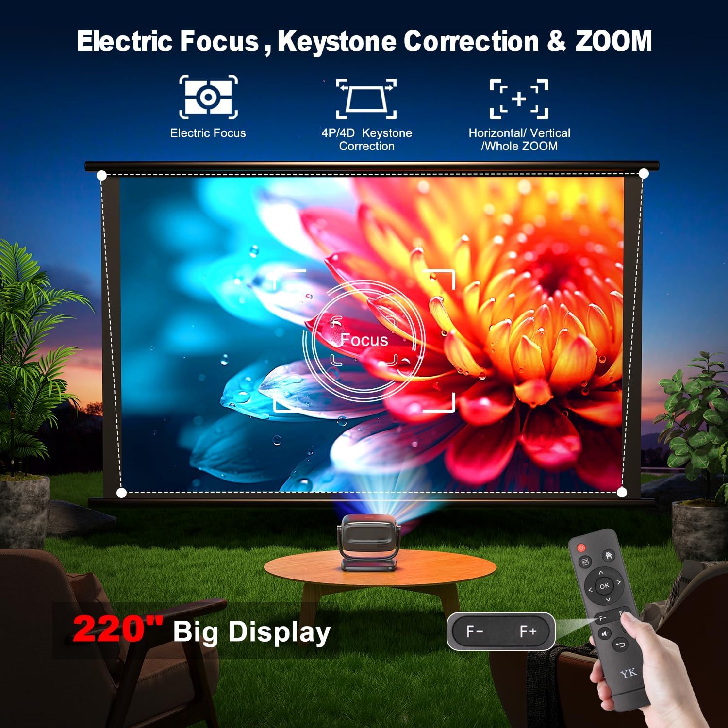 4K Smart Projector with 5G WiFi and Bluetooth 5.2, 600 ANSI Portable Projector with Built in App, 1080P Outdoor Movie Projector with 4P4D Correction, Max 220" Compatible with iPhone/Android/TV Stick - Image 6