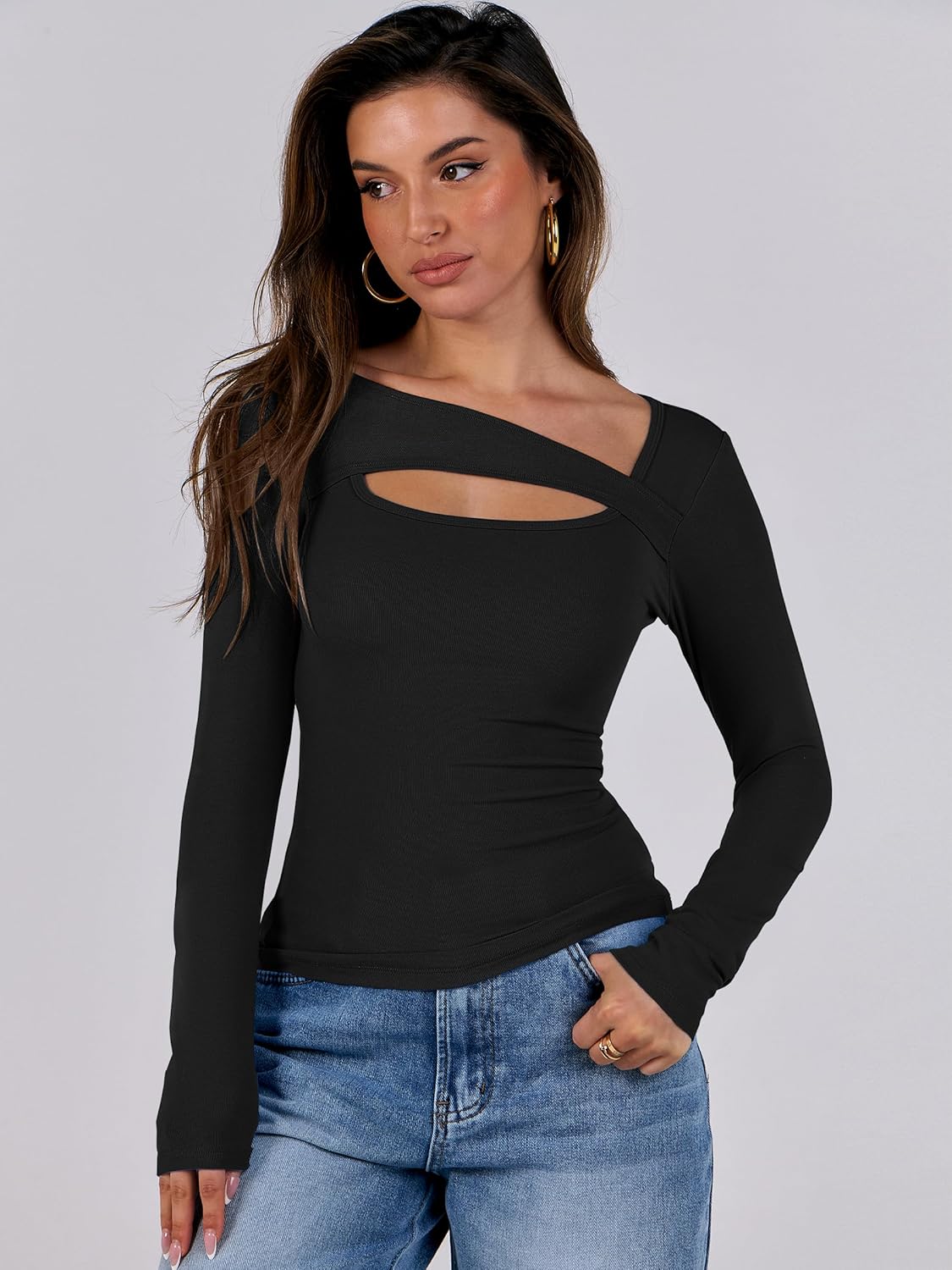 ANRABESS Womens Cutout Tops Trendy Sexy Long Sleeve Shirts Ribbed Slim Fit Tee 2024 Fall Fashion Going Out Tshirts Clothes - Image 3
