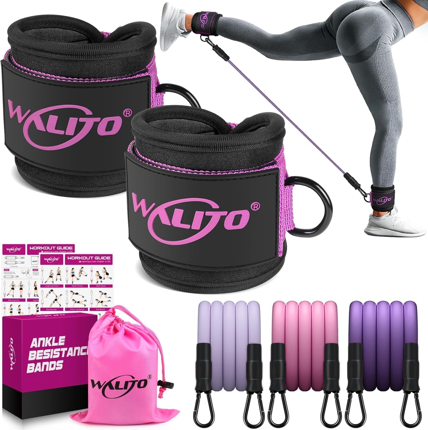 WALITO Ankle Resistance Bands with Cuffs, Exercise Bands for Legs and Butt, Booty Workout Equipment for Kickbacks and Hip Fitness Training - Image 2