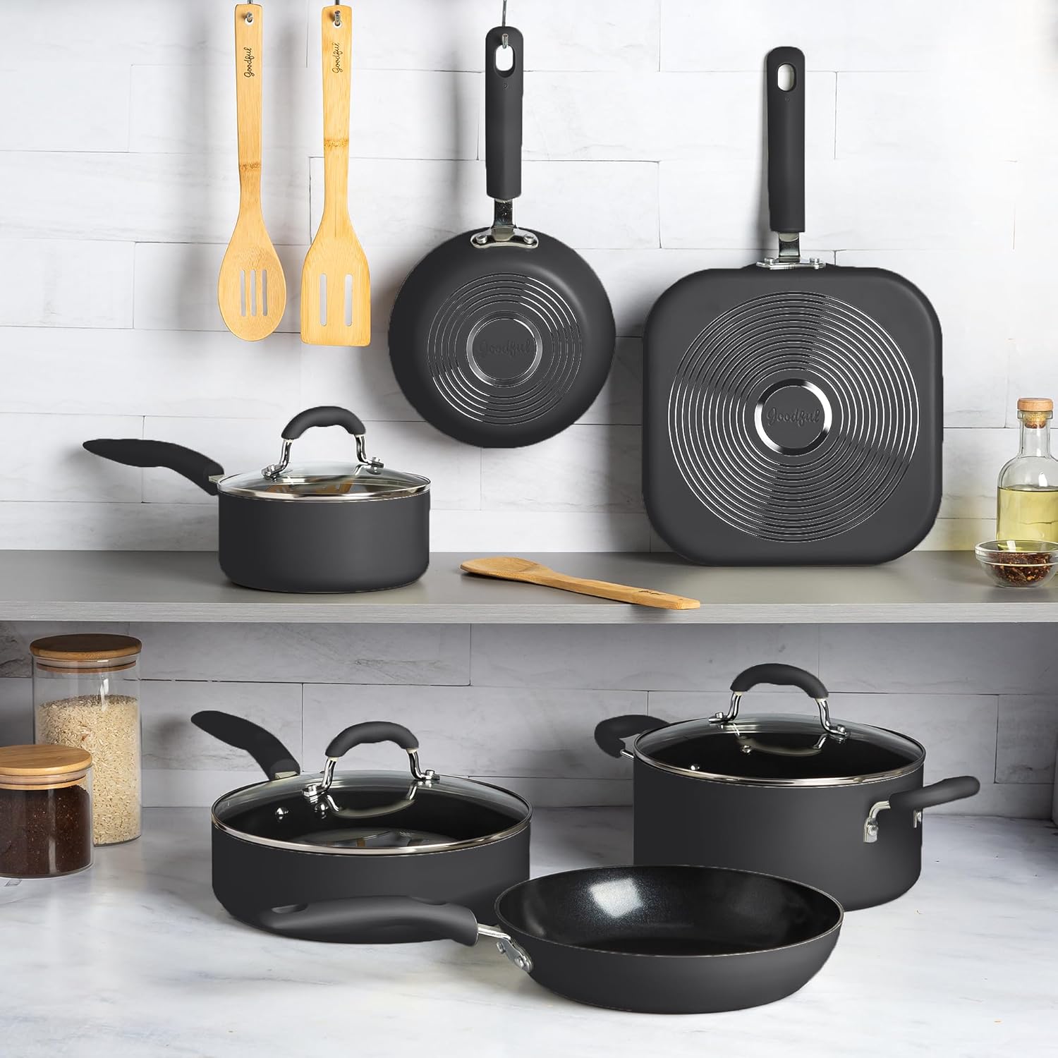 Goodful Ceramic Nonstick Pots and Pans Set, Premium Ceramic Coating Made without PFOA, PTFE or PFAS, Dishwasher Safe, 12-Piece, Charcoal Gray - Image 8
