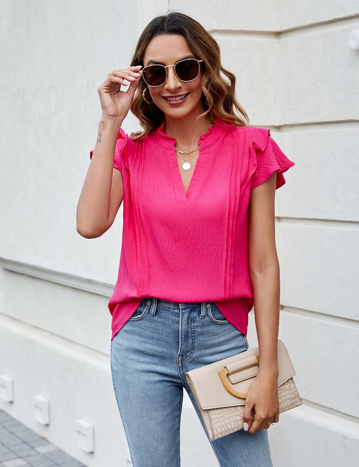 Blooming Jelly Womens Dressy Casual Tops Ruffle Short Sleeve V Neck Shirts Elegant Business Work Blouse - Image 3