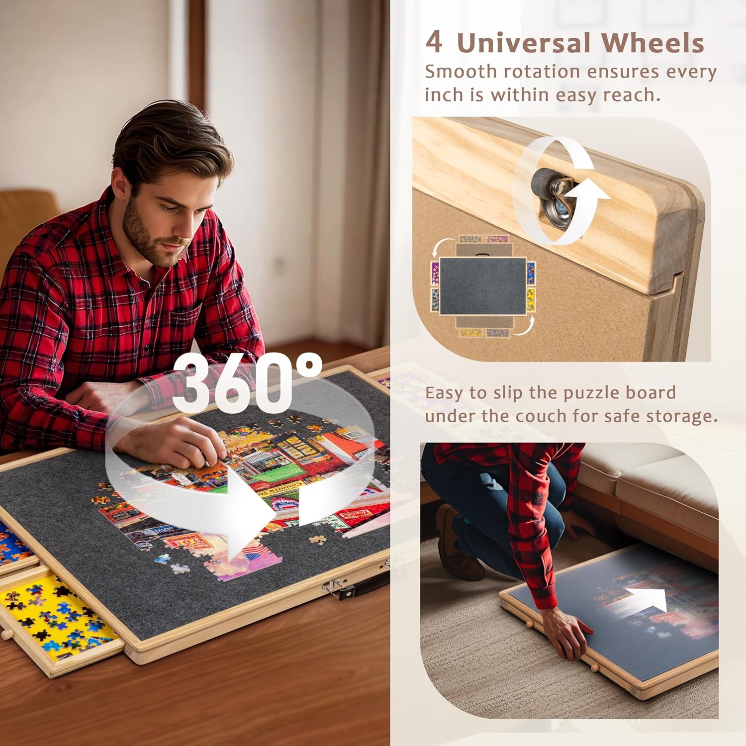 Lavievert 2-in-1 Tilting & Rotating Jigsaw Puzzle Board with 4 Colored Drawers & Cover, Wooden Swivel Puzzle Plateau for Adults, Portable Puzzle Table with Non-Slip Tabletop for Up to 1000 Pieces - Image 6