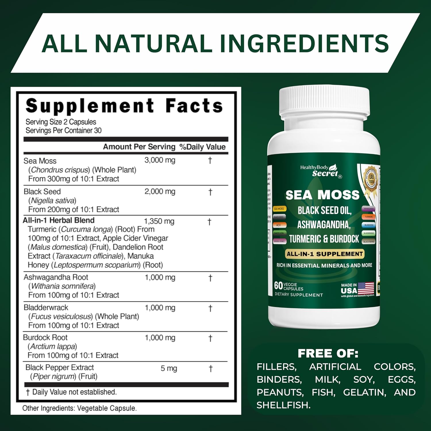 Irish Sea Moss 3000mg, Black Seed Oil 2000mg, Ashwagandha 1000mg, Turmeric 1000mg, Bladderwrack 1000mg, Burdock Root 1000mg, Dandelion, and ACV – Made in The USA, Non-GMO, Gluten-Free, Vegan Caps - Image 3