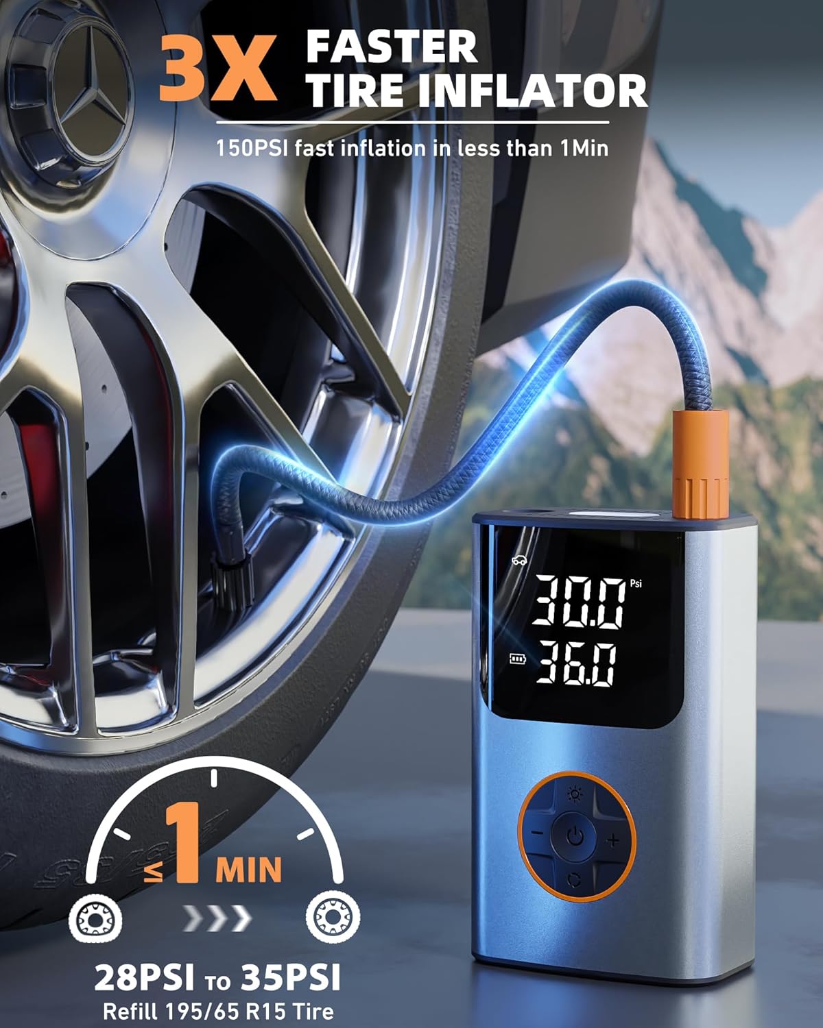 Tire Inflator Portable Air Compressor, Bike Pump, 150PSI Air Pump for Car Tires with LCD Dual Screen and Digital Tire Pressure Gauge, Air Compressor for Bicycle, Motorcycle, Compact Car, Ball - Image 3